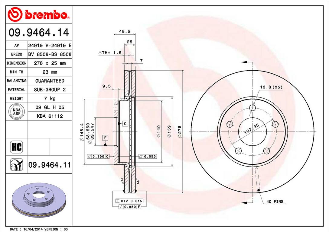 Volvo Disc Brake Rotor - Front (278mm) 2745090 Brembo