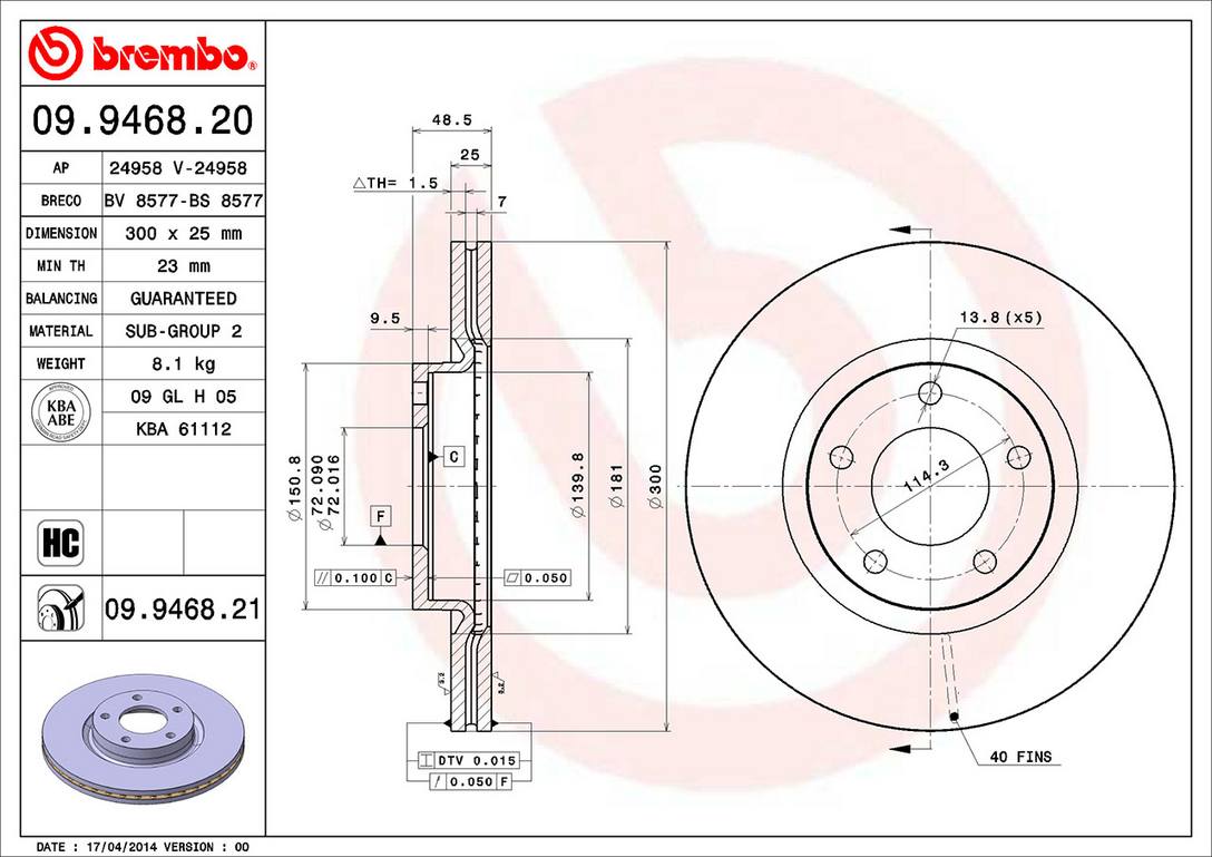 Mazda Disc Brake Rotor - Front (300mm) C26Y3325XD Brembo