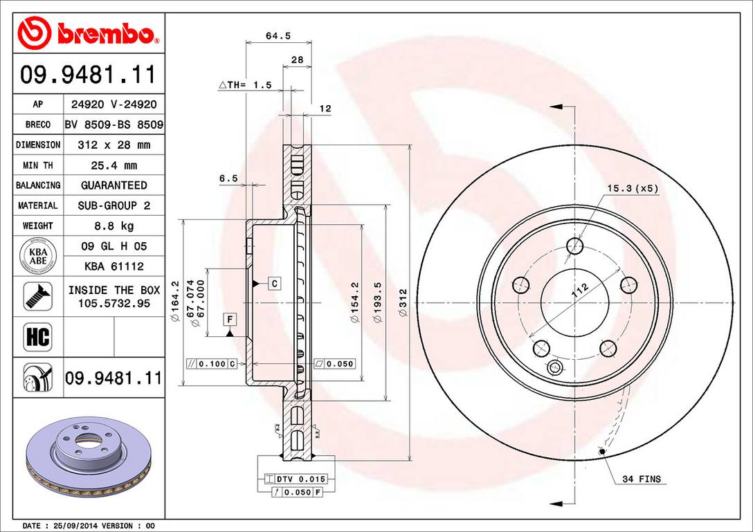 Mercedes Disc Brake Rotor - Front (312mm) 2114210912 Brembo