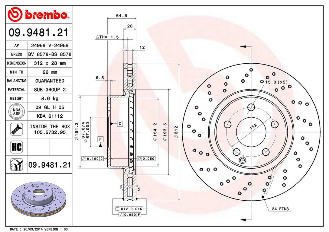 Mercedes Disc Brake Rotor - Front (312mm) 2304210412 Brembo