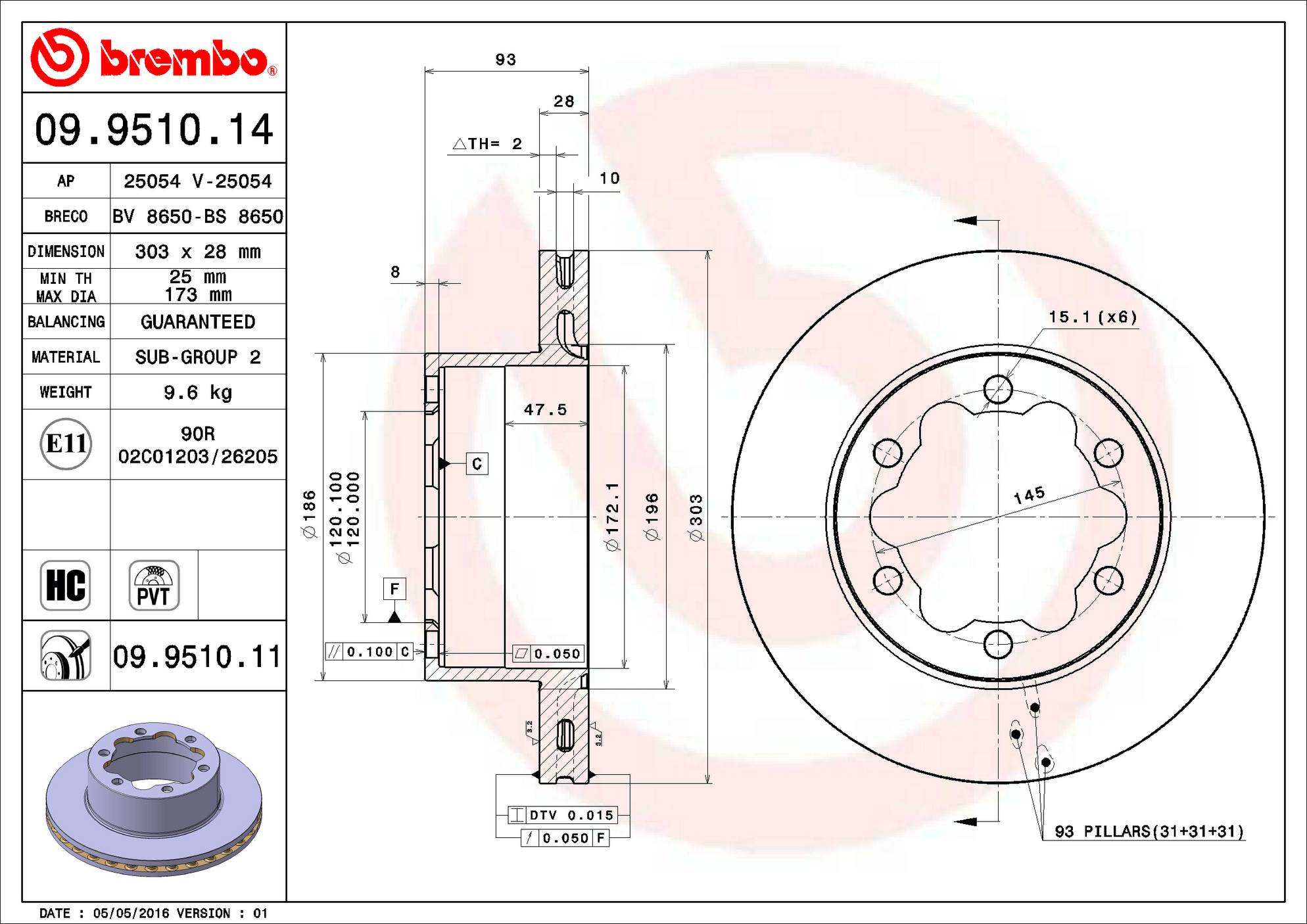 Mercedes Dodge Disc Brake Rotor - Rear (303mm) 9064230112 Brembo