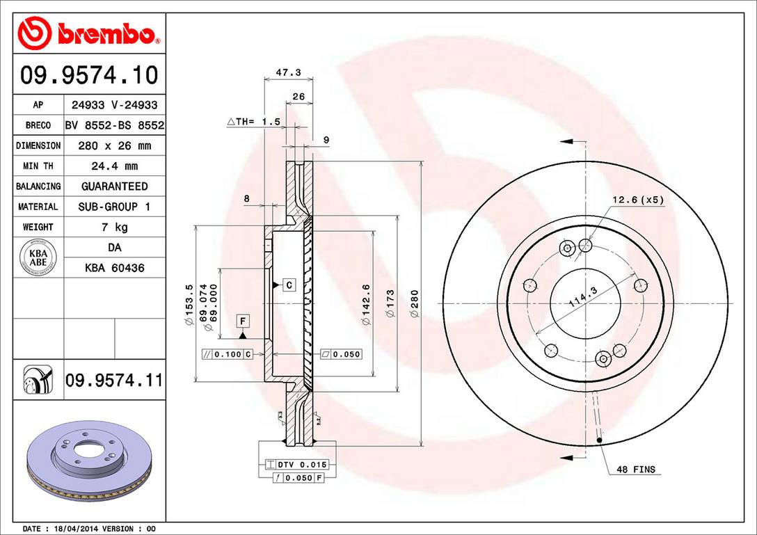 Kia Hyundai Disc Brake Rotor – Front (280mm) 517122E300 Brembo