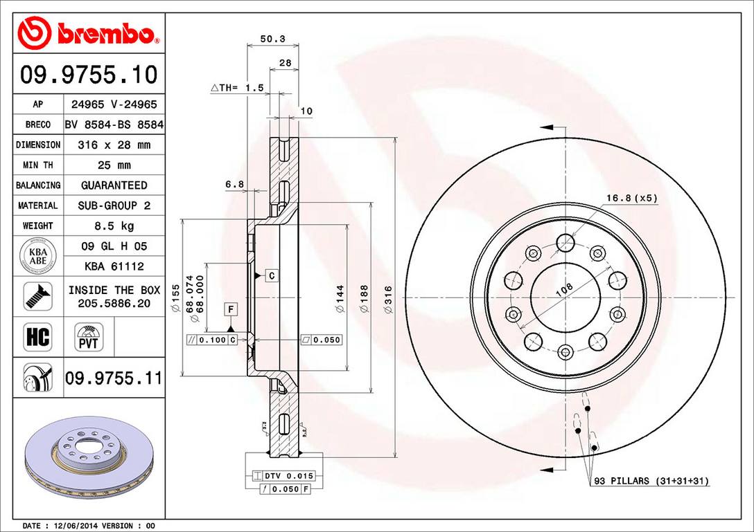 Volvo Disc Brake Rotor - Front (316mm) 31423325 Brembo