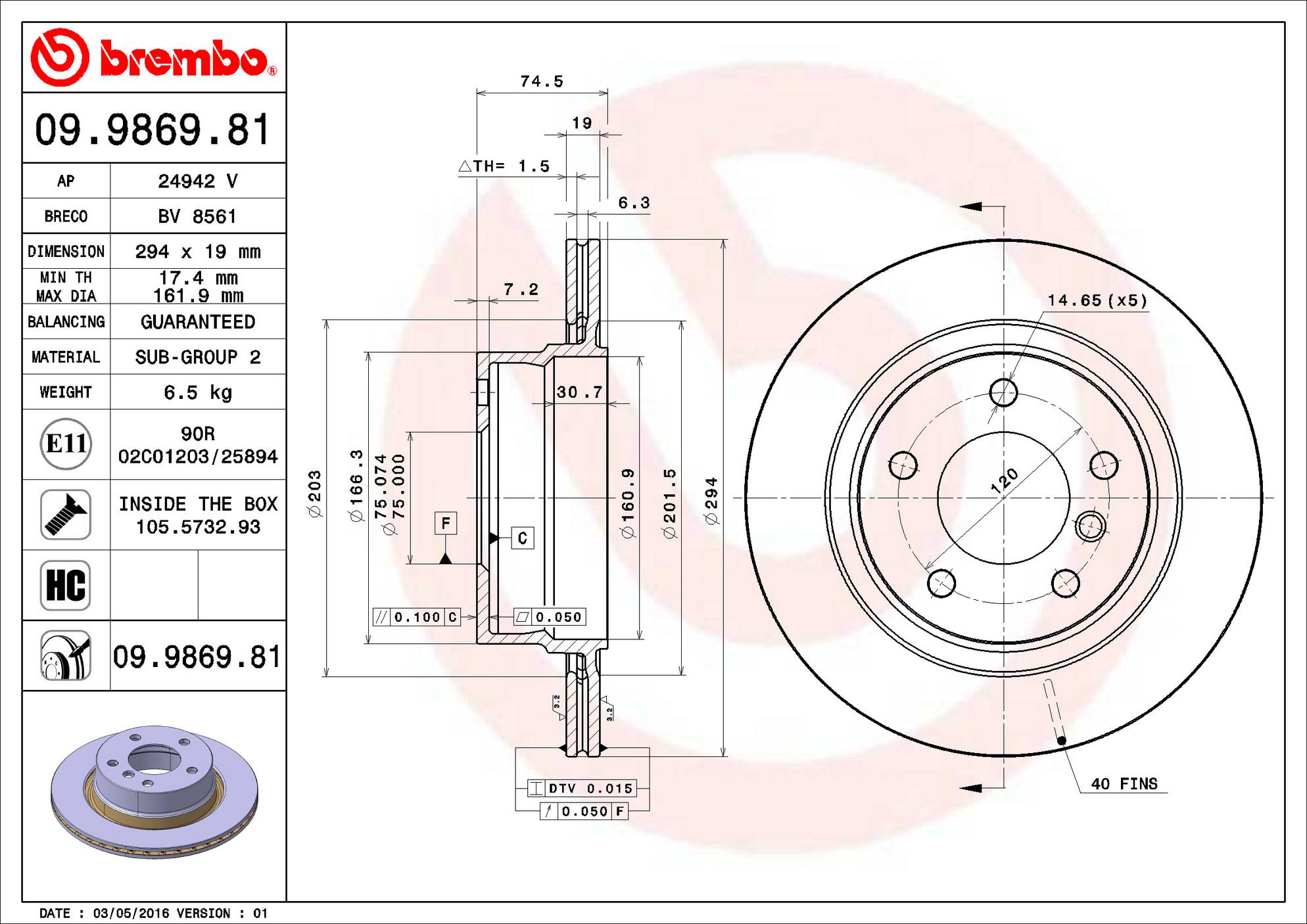 BMW Disc Brake Rotor – Rear (294mm) 34216794303 Brembo Brembo 