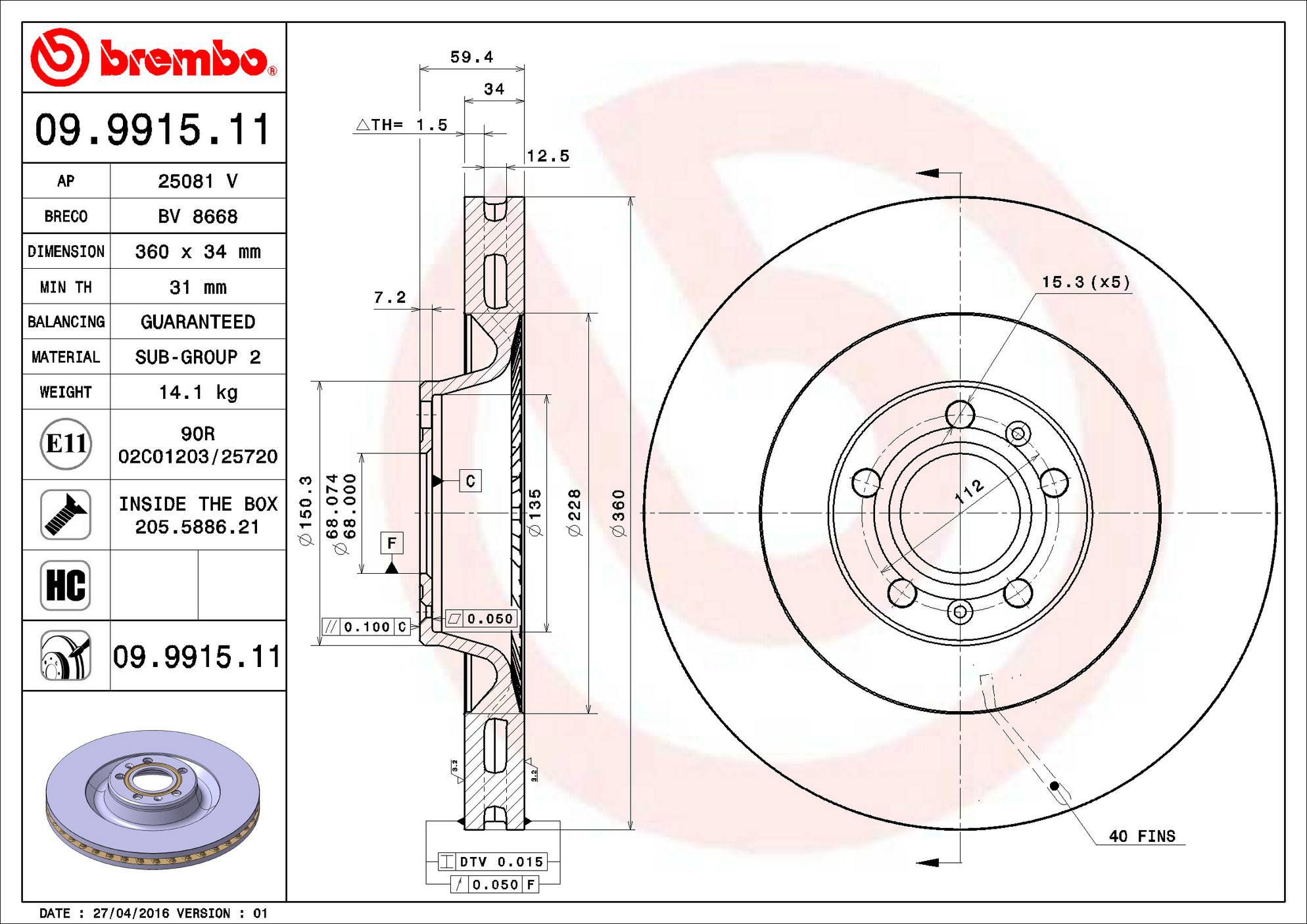 Audi Volkswagen Disc Brake Rotor - Front (360mm) 4E0615301P Brembo