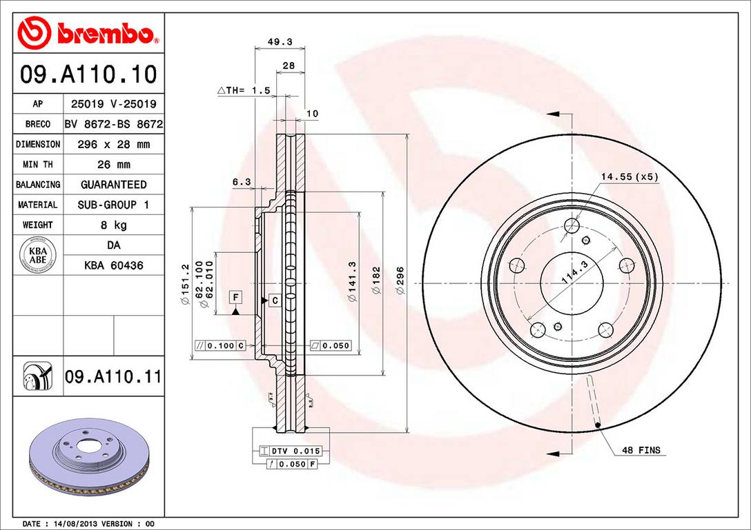 Toyota Disc Brake Pad and Rotor Kit - Front (296mm) (Ceramic) Brembo