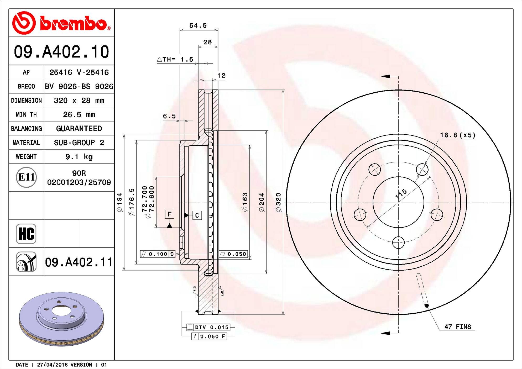 Chrysler Dodge Disc Brake Rotor - Front (320mm) 4779196AG Brembo