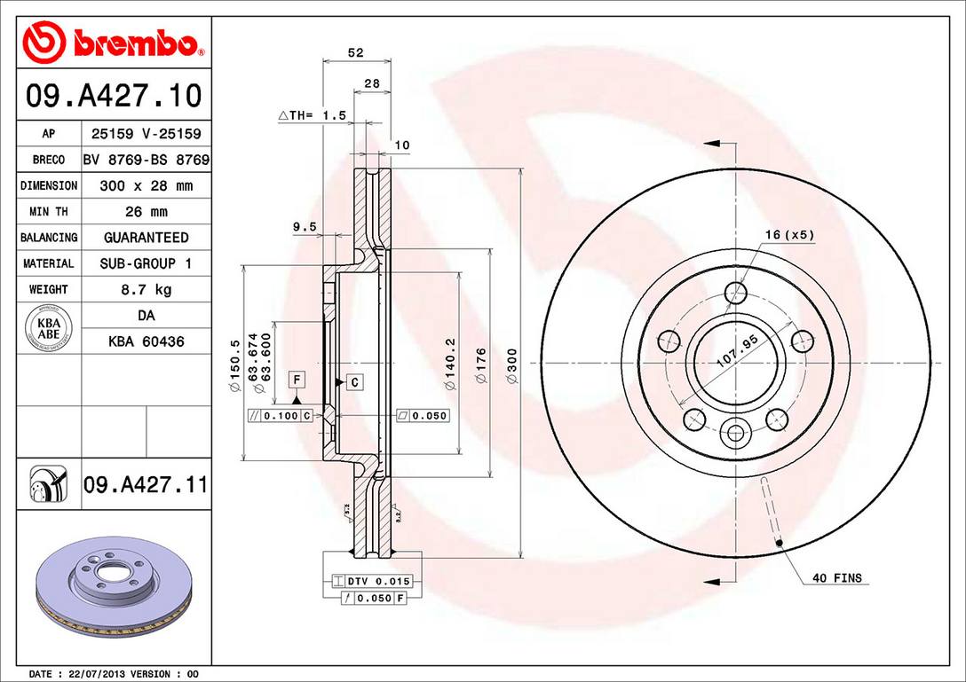 Land Rover Volvo Disc Brake Pad and Rotor Kit - Front (300mm) (Ceramic) Brembo