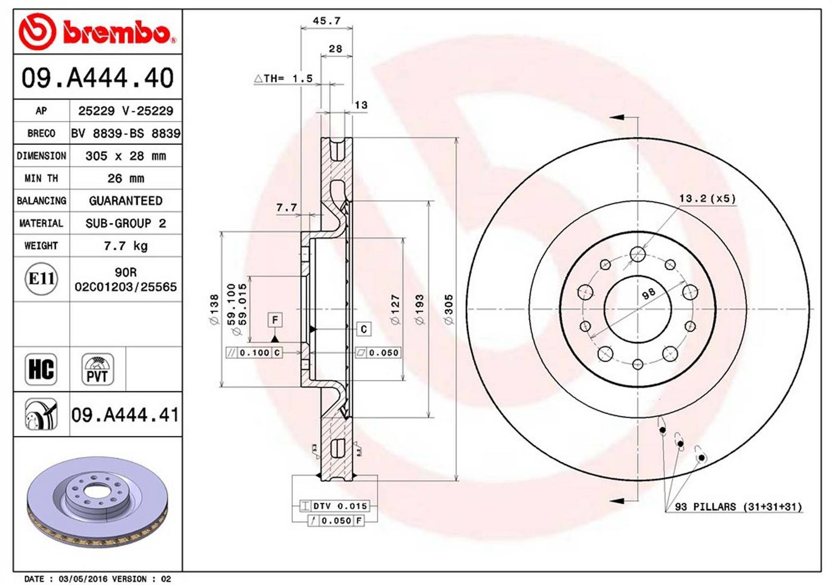 Fiat Disc Brake Rotor - Front (305mm) 68201086AA Brembo