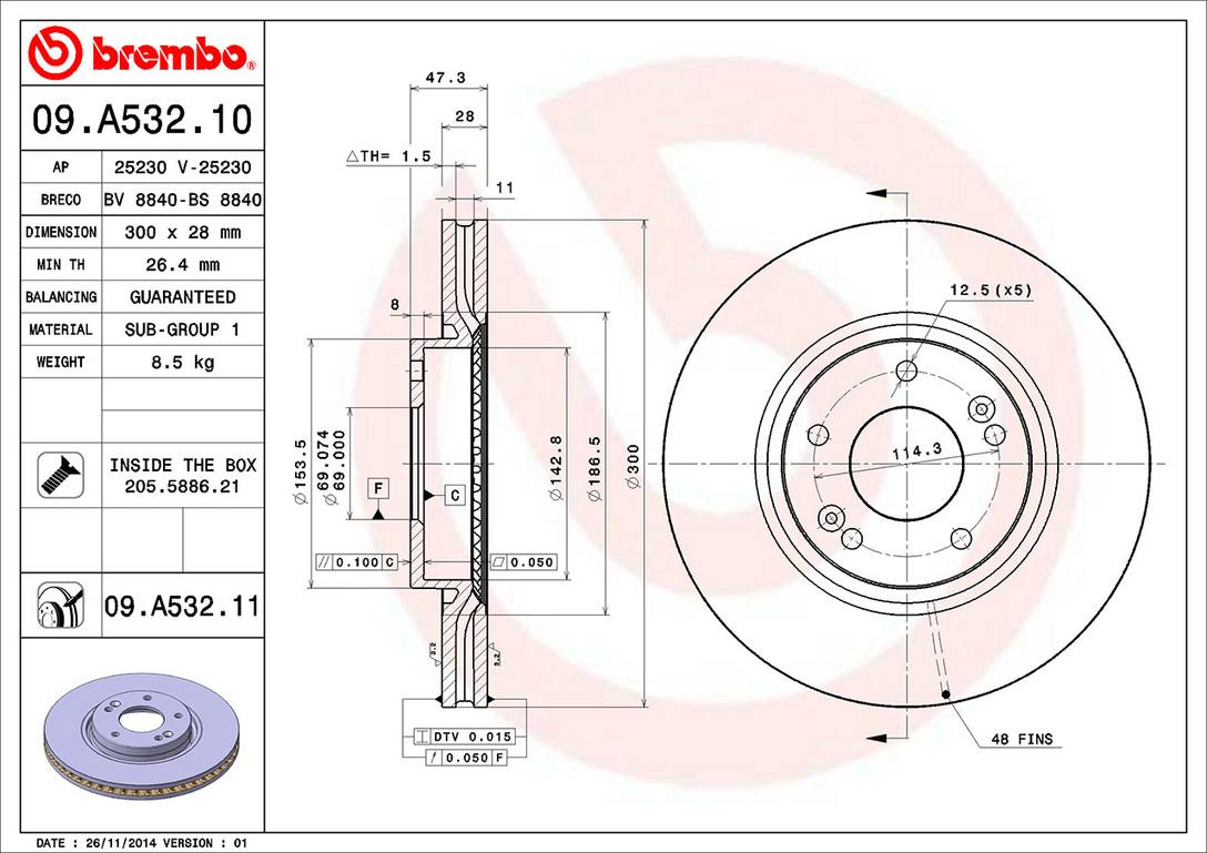 Kia Hyundai Disc Brake Pad and Rotor Kit - Front (300mm) (Ceramic) Brembo