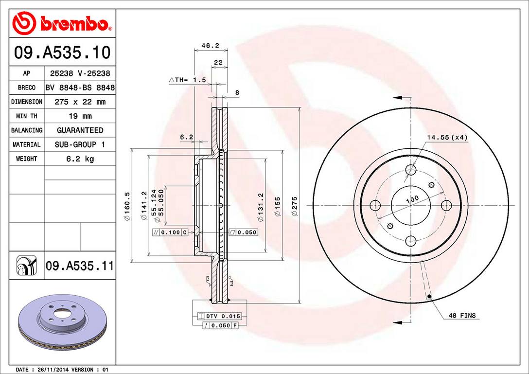 Toyota Disc Brake Rotor - Front (275mm) 4351252130 Brembo