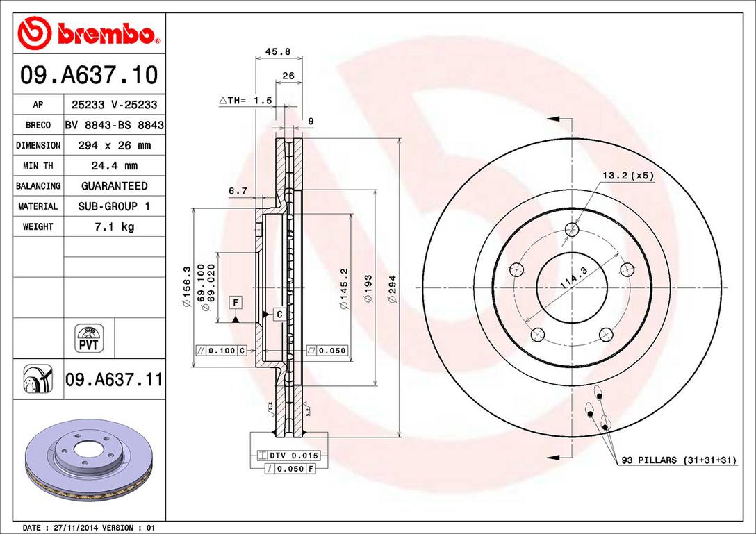 Chrysler Dodge Jeep Disc Brake Rotor - Front (294mm) 5105514AA Brembo