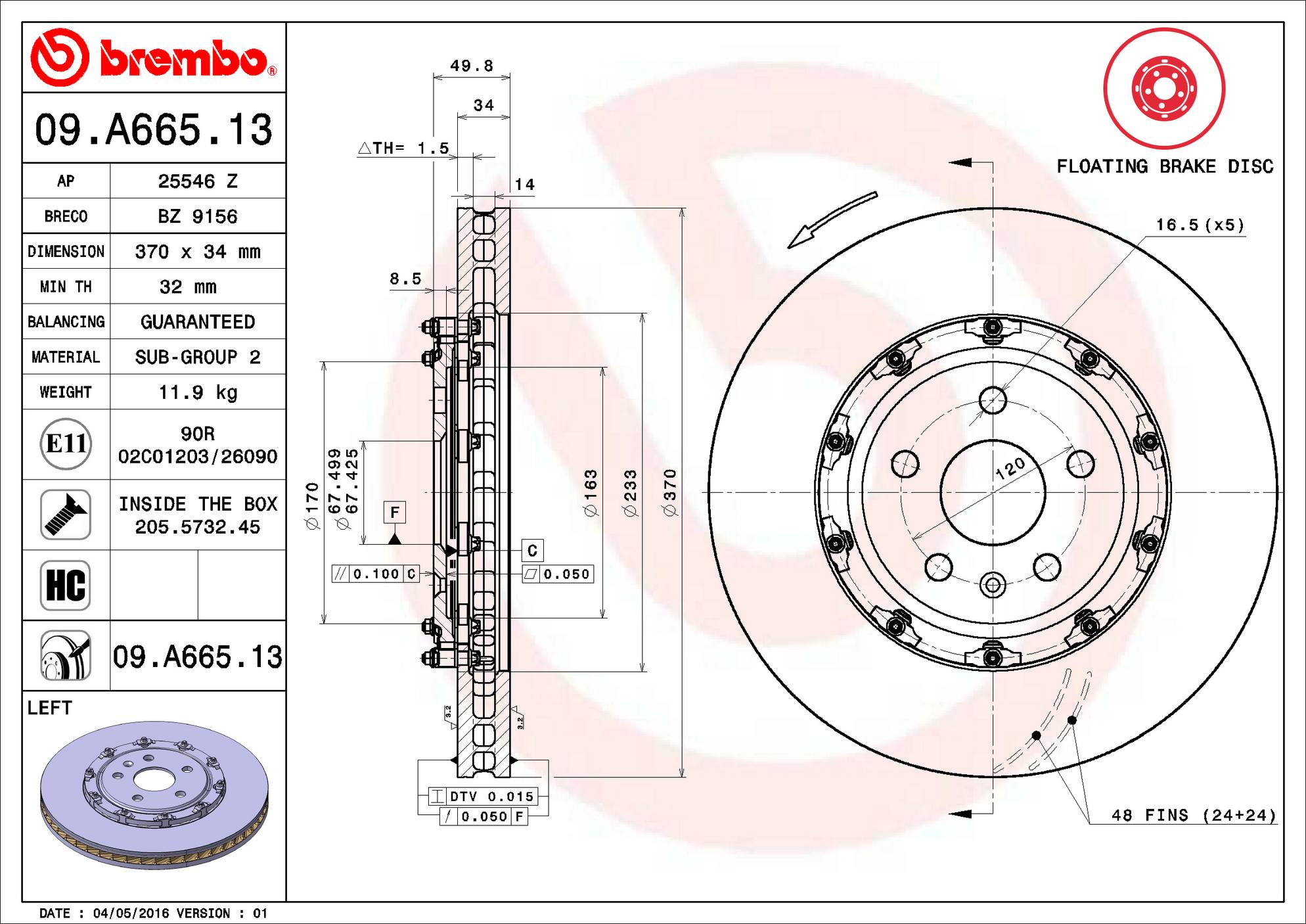 Cadillac Chevrolet Disc Brake Pad and Rotor Kit - Front (370mm) (Low-Met) Brembo