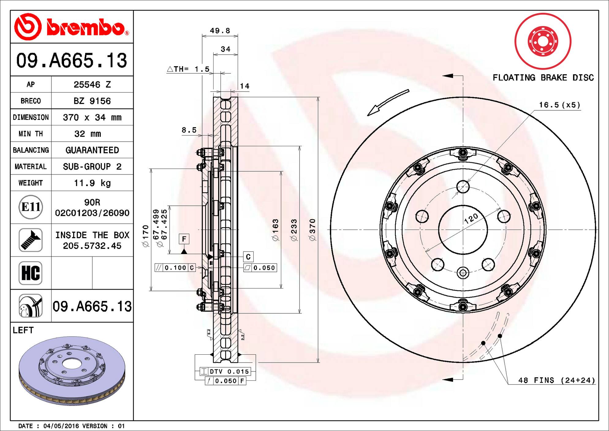 Cadillac Chevrolet Disc Brake Pad and Rotor Kit - Front (370mm) (Ceramic) Brembo