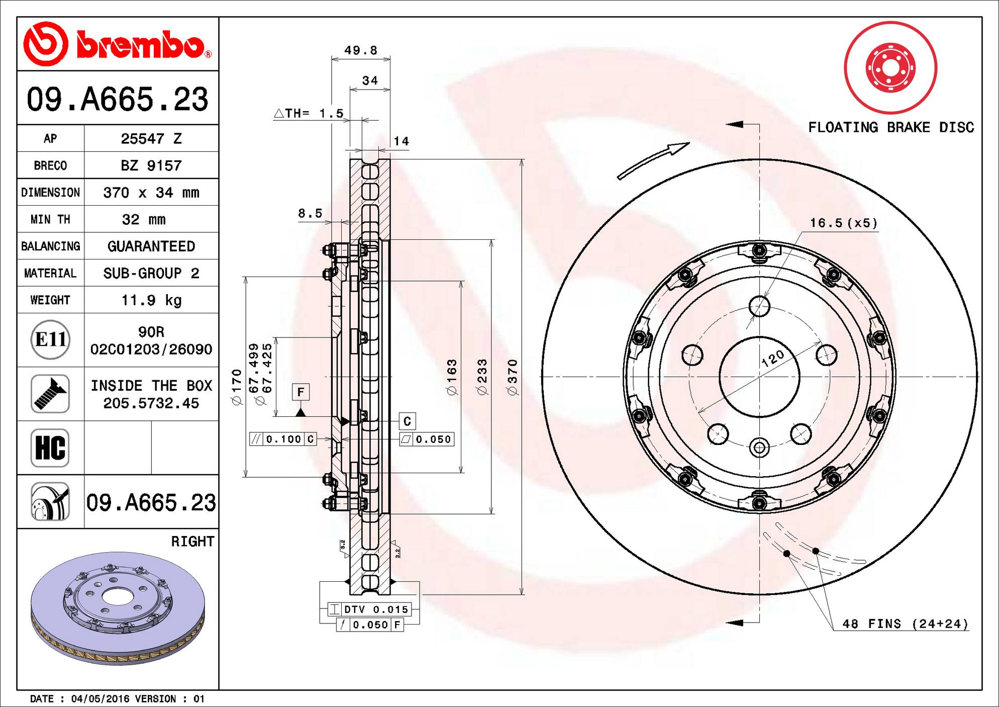 Cadillac Chevrolet Disc Brake Pad and Rotor Kit - Front (370mm) (Ceramic) Brembo