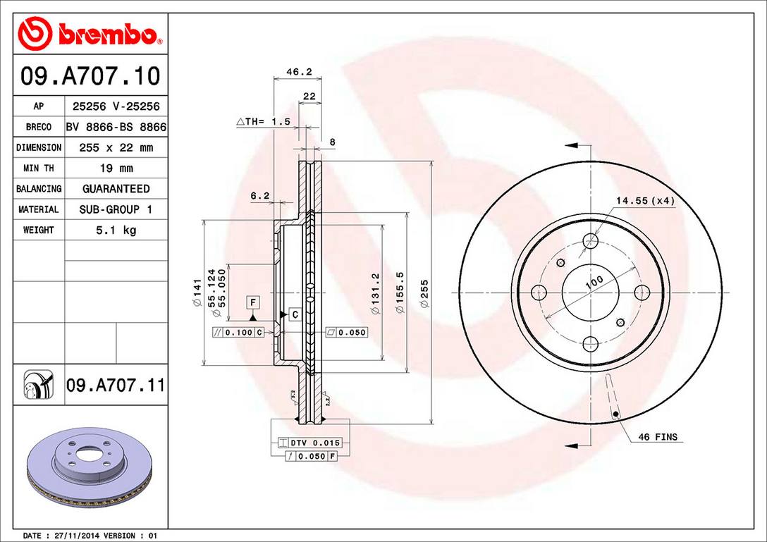 Toyota Scion Disc Brake Rotor - Front (255mm) 4351252120 Brembo