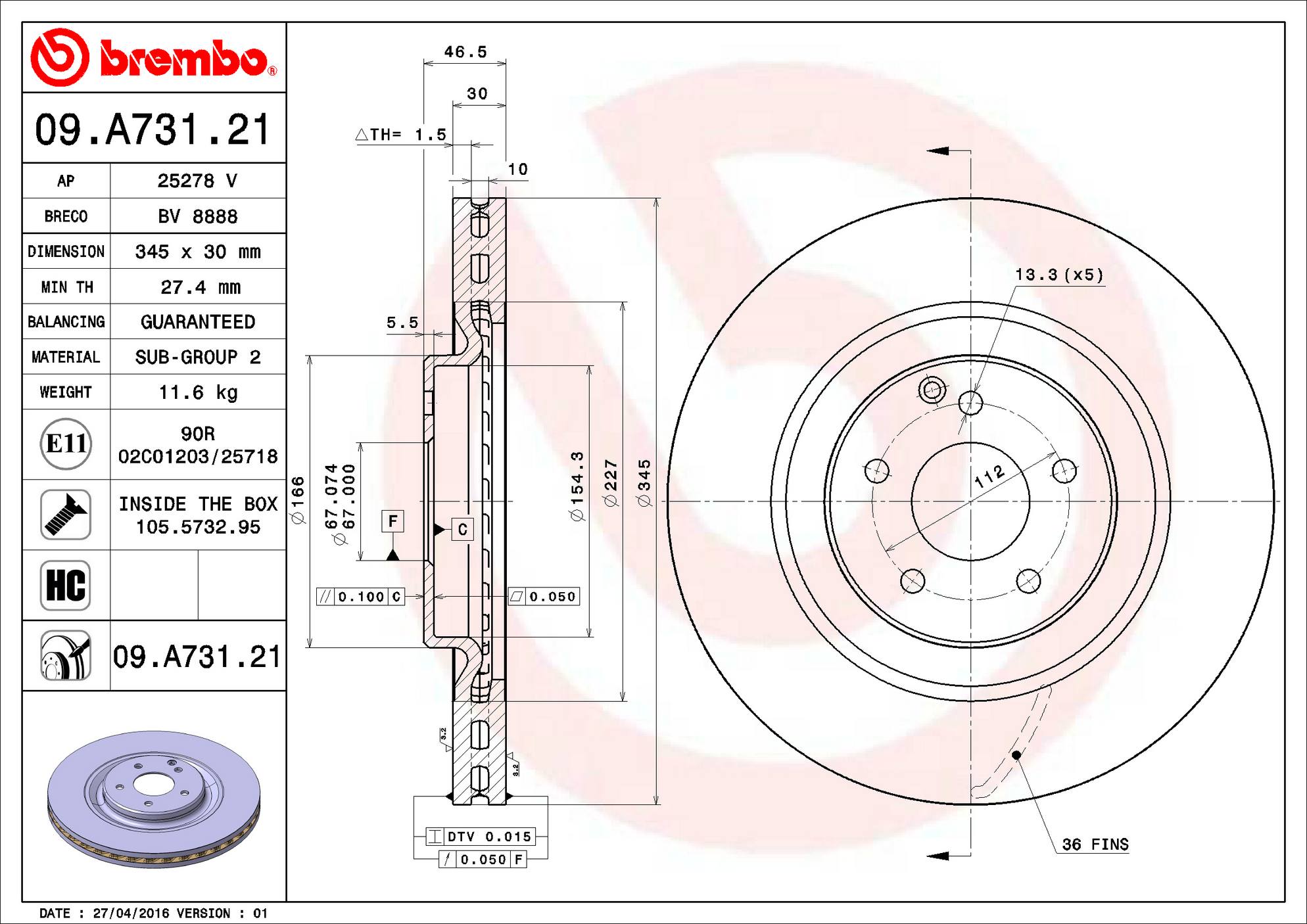 Mercedes Disc Brake Rotor - Front (345mm) 2094210012 Brembo