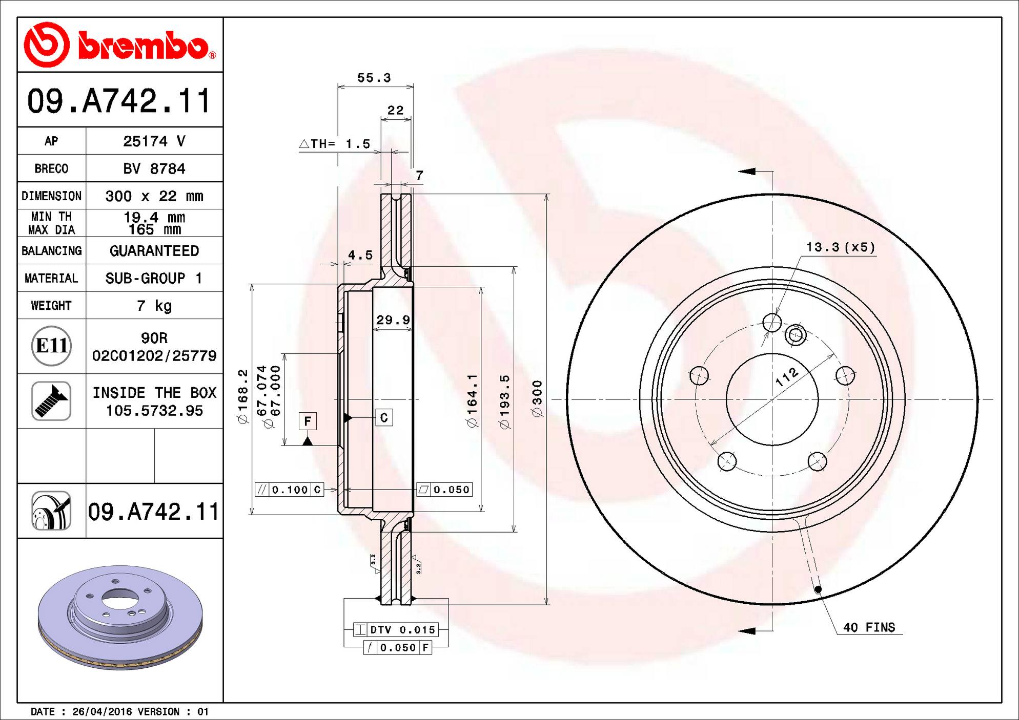 Mercedes Chrysler Disc Brake Rotor - Rear (300mm) 2104230812 Brembo