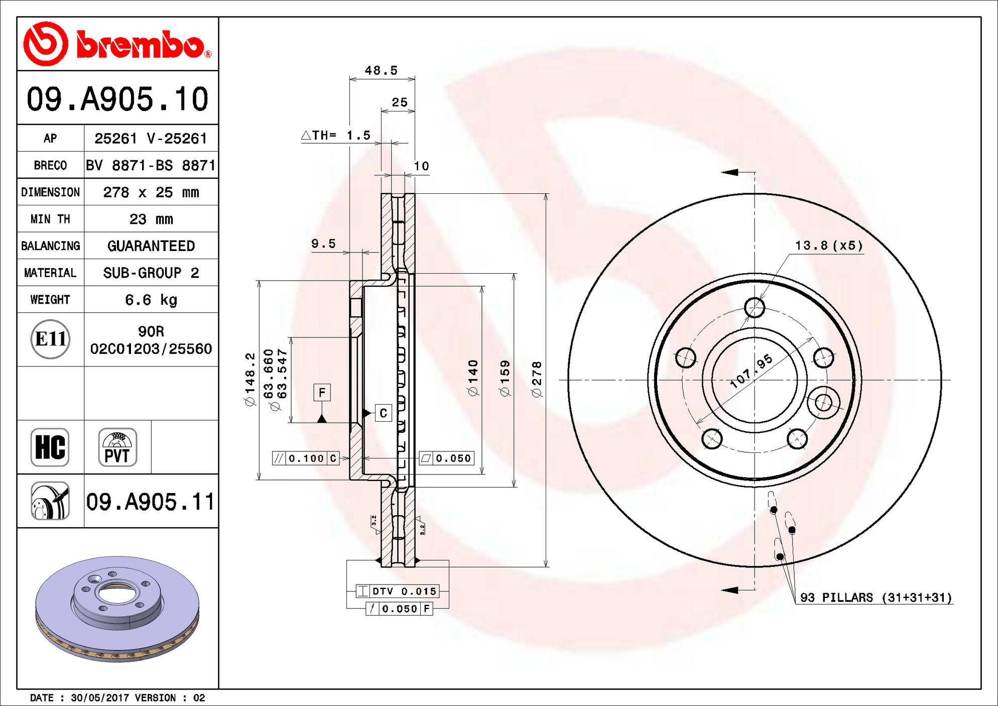 Ford Disc Brake Rotor - Front (278mm) BV6Z1125E Brembo