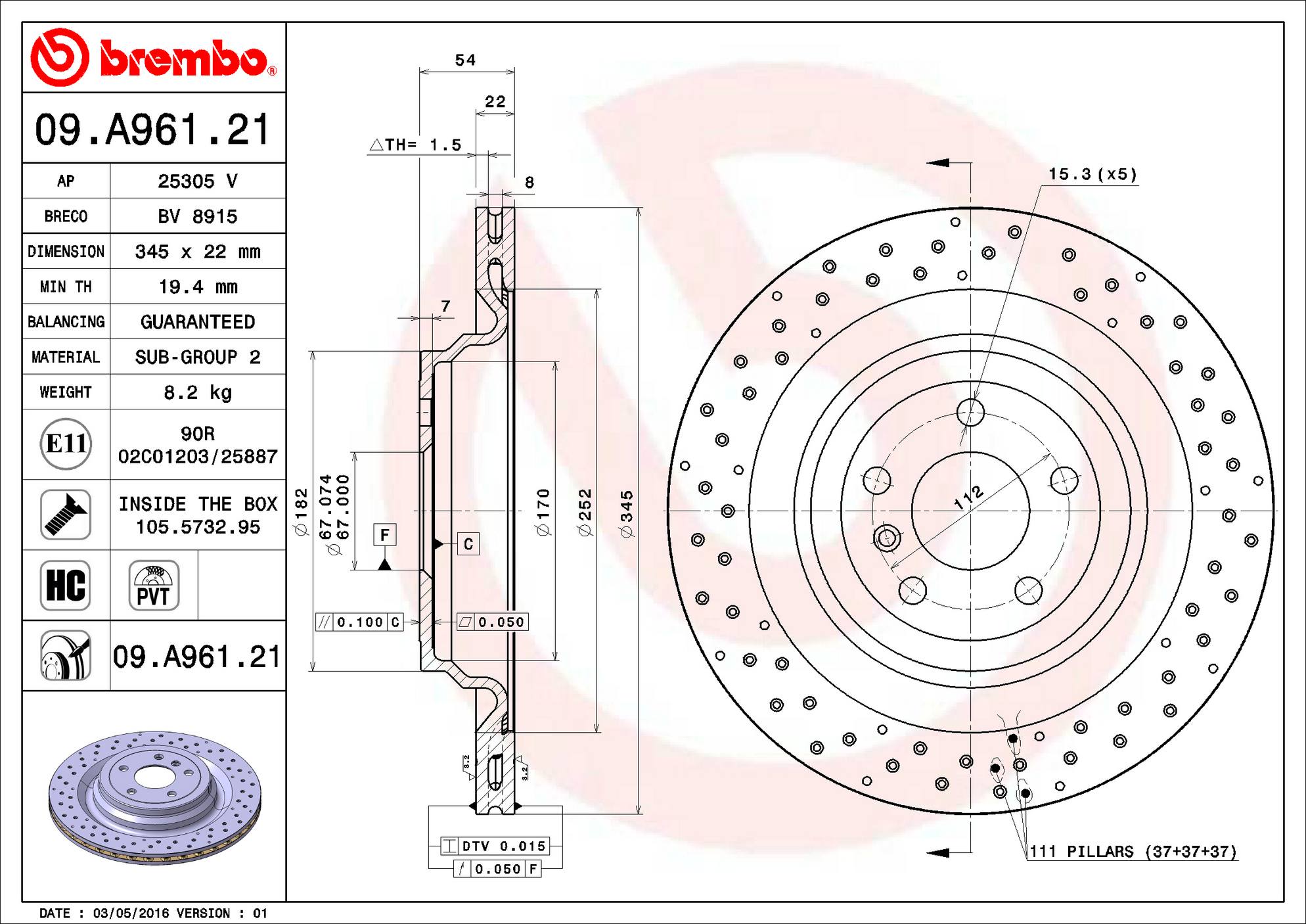 Mercedes Disc Brake Rotor - Rear (345mm) 1664230312 Brembo