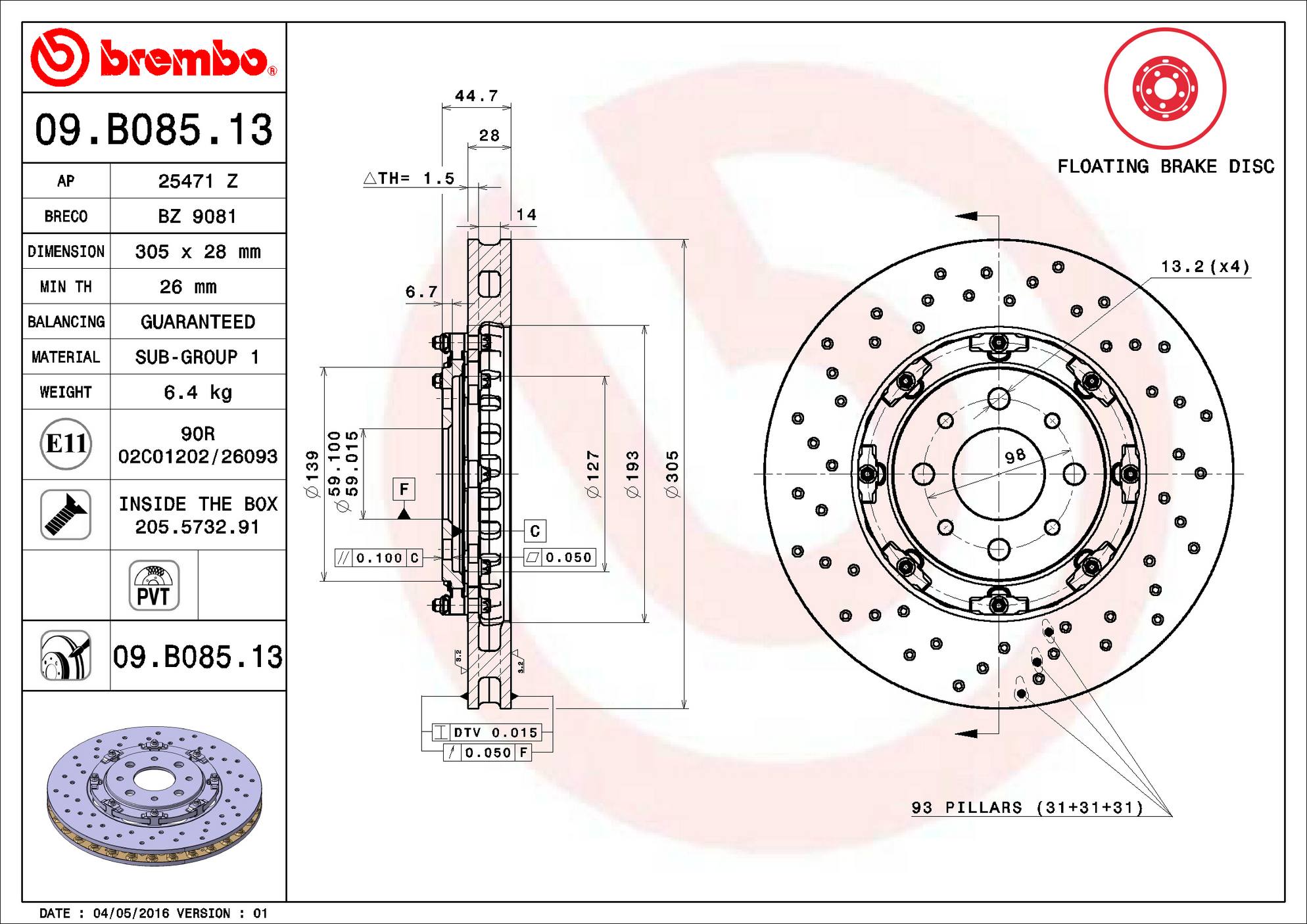 Fiat Disc Brake Rotor - Front (305mm) 4779953AB Brembo