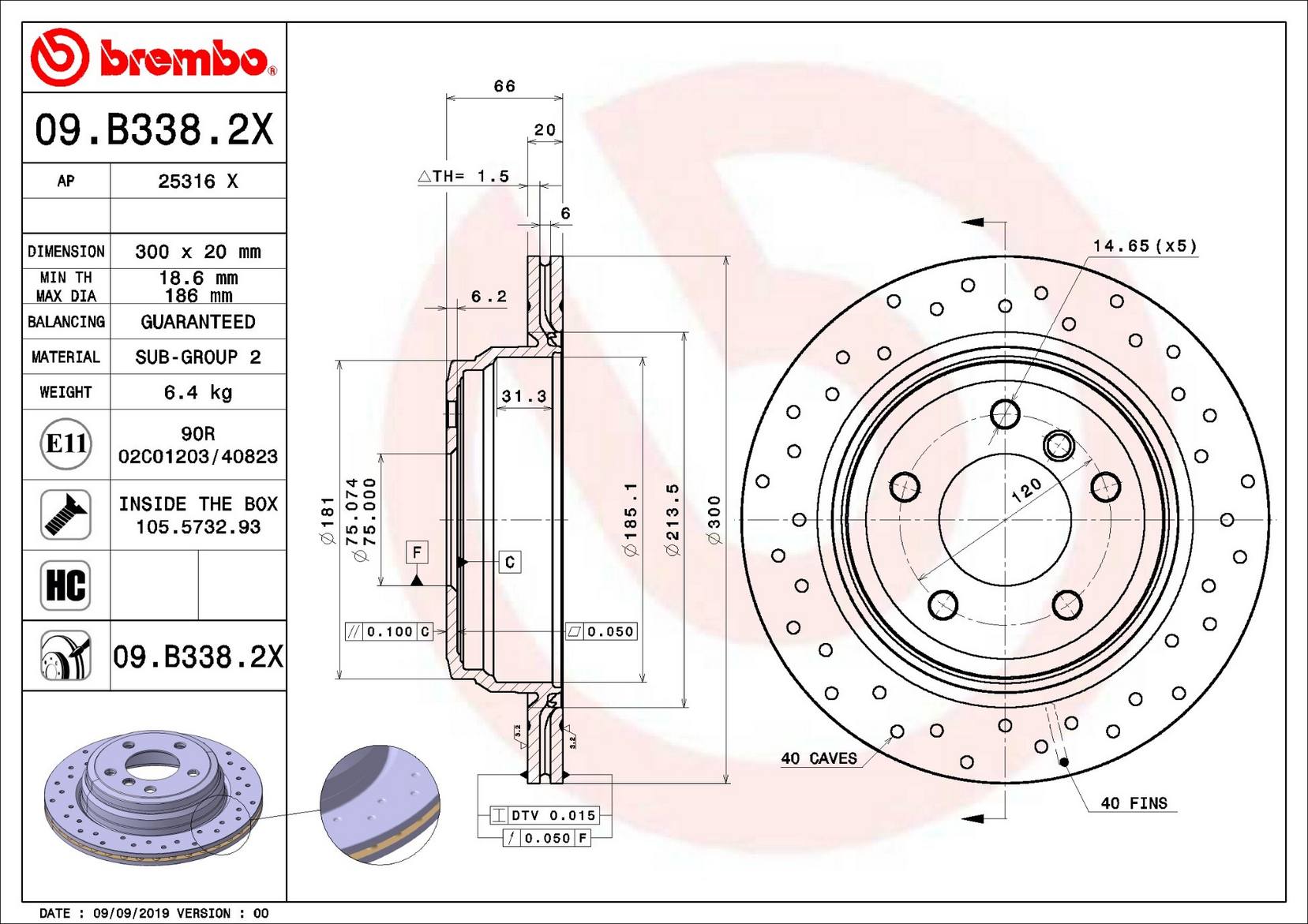 BMW Disc Brake Rotor - Rear (300mm) (Xtra) 34216864901 Brembo