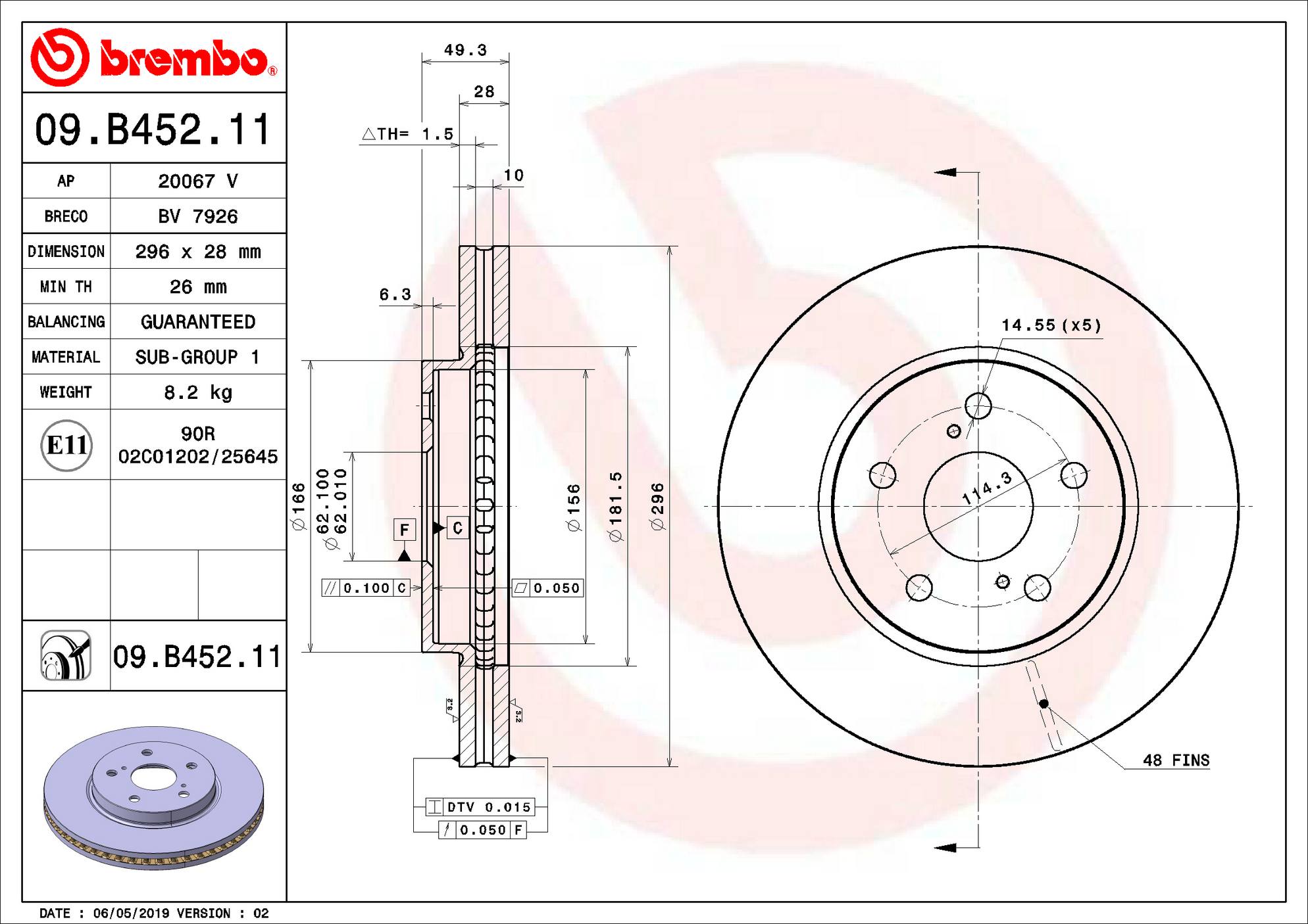 Toyota Lexus Disc Brake Rotor - Front (296mm) 4351258011 Brembo