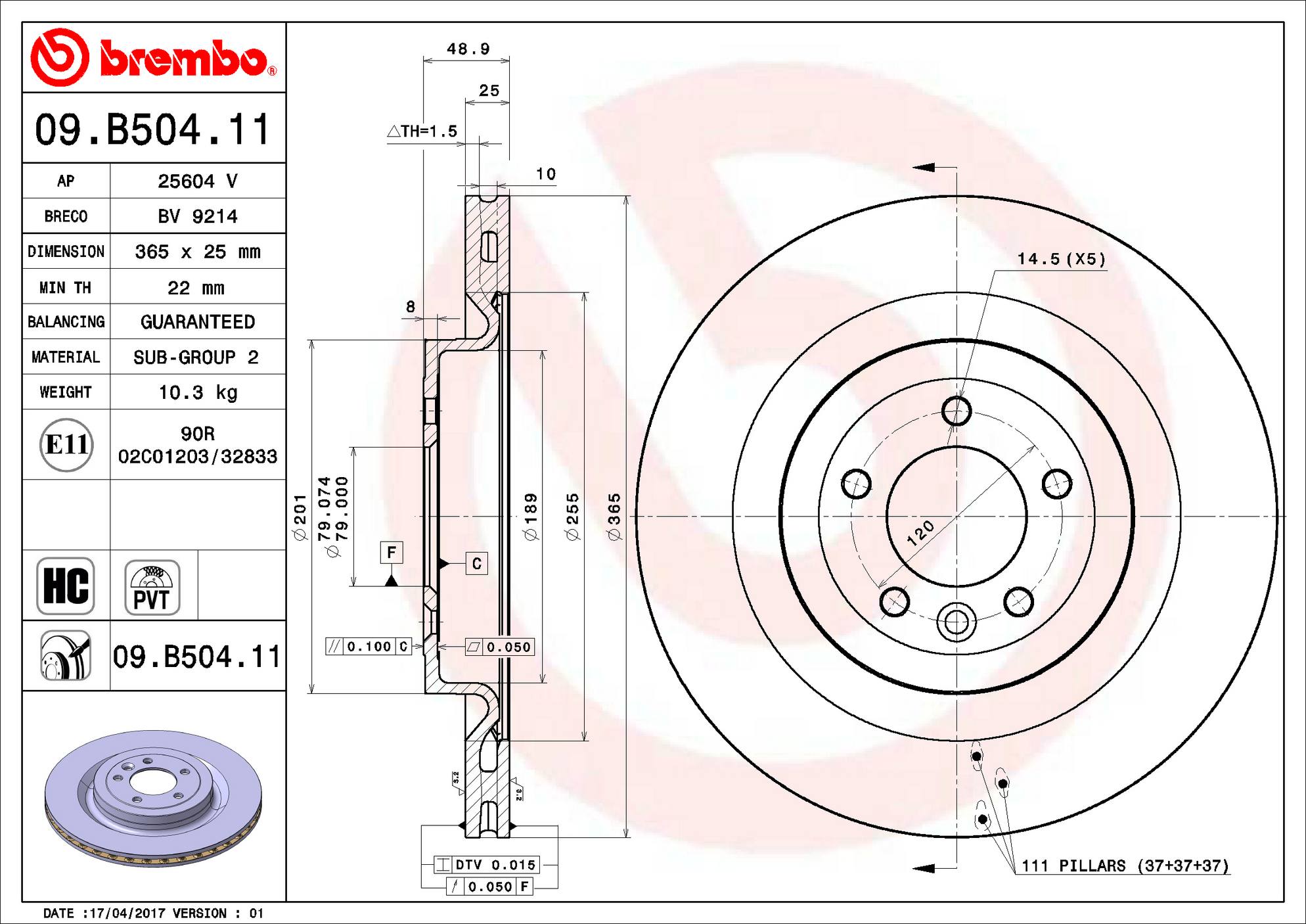 Land Rover Disc Brake Rotor – Rear (365mm) LR033303 Brembo Brembo