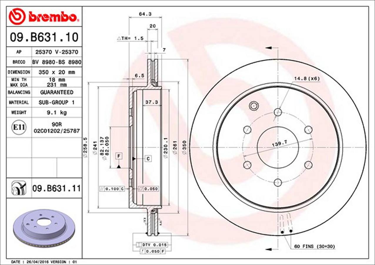 Nissan Infiniti Disc Brake Rotor - Rear (350mm) 432061LB0A Brembo