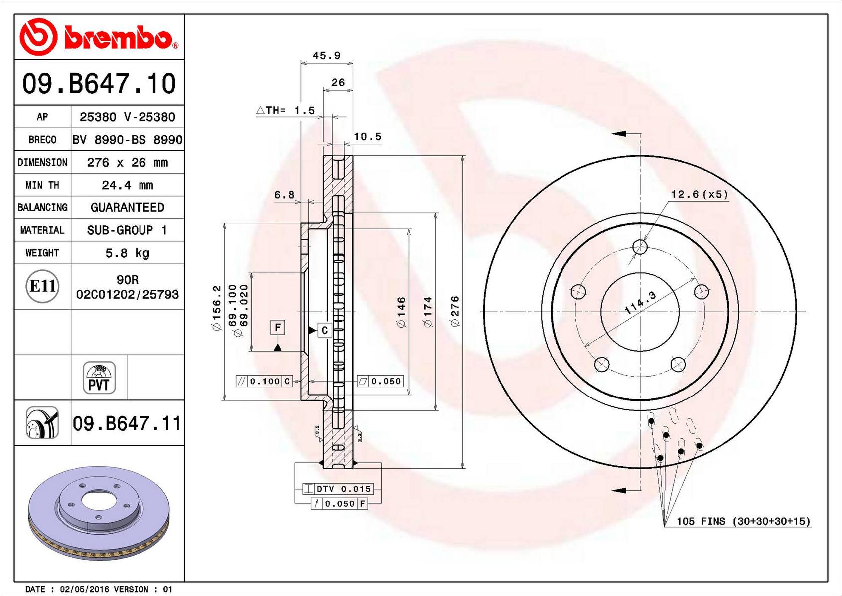 Mitsubishi Disc Brake Rotor - Front (276mm) MN116329 Brembo
