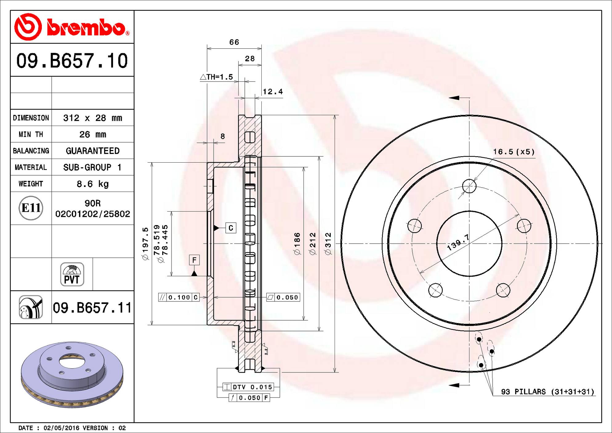 Ram Dodge Mitsubishi Disc Brake Rotor - Front (312mm) 52855005AB Brembo