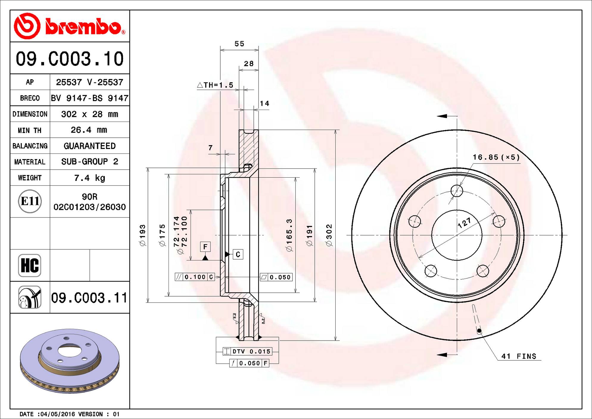 Jeep Disc Brake Rotor - Front (302mm) 52060137AB Brembo