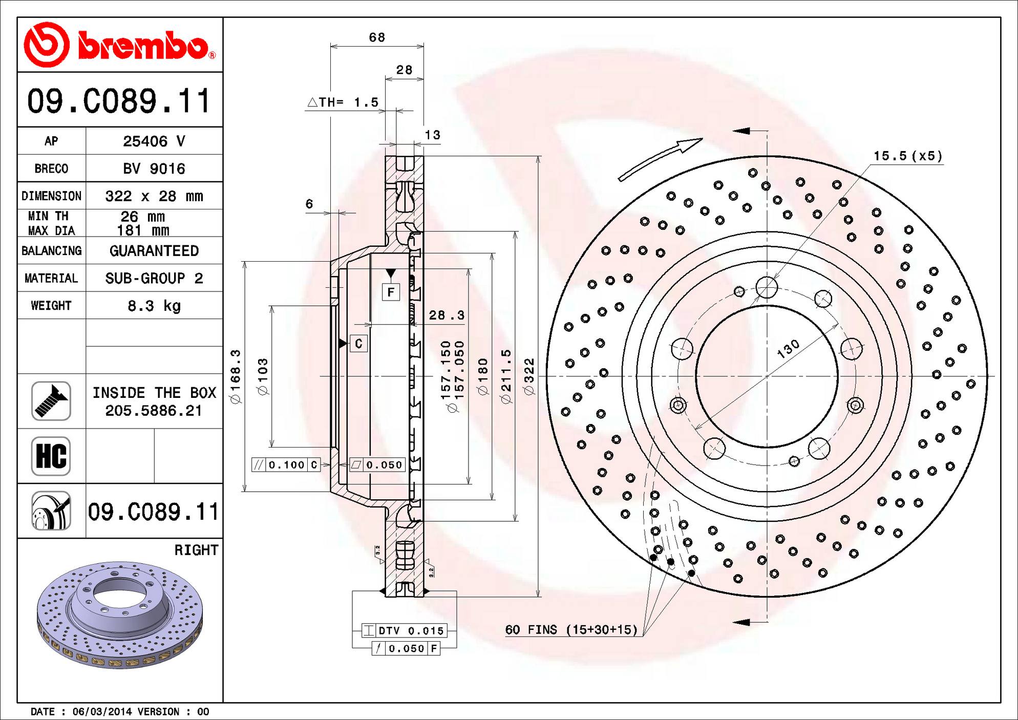 Porsche Disc Brake Rotor - Rear Passenger Side (322mm) 99335204600 Brembo