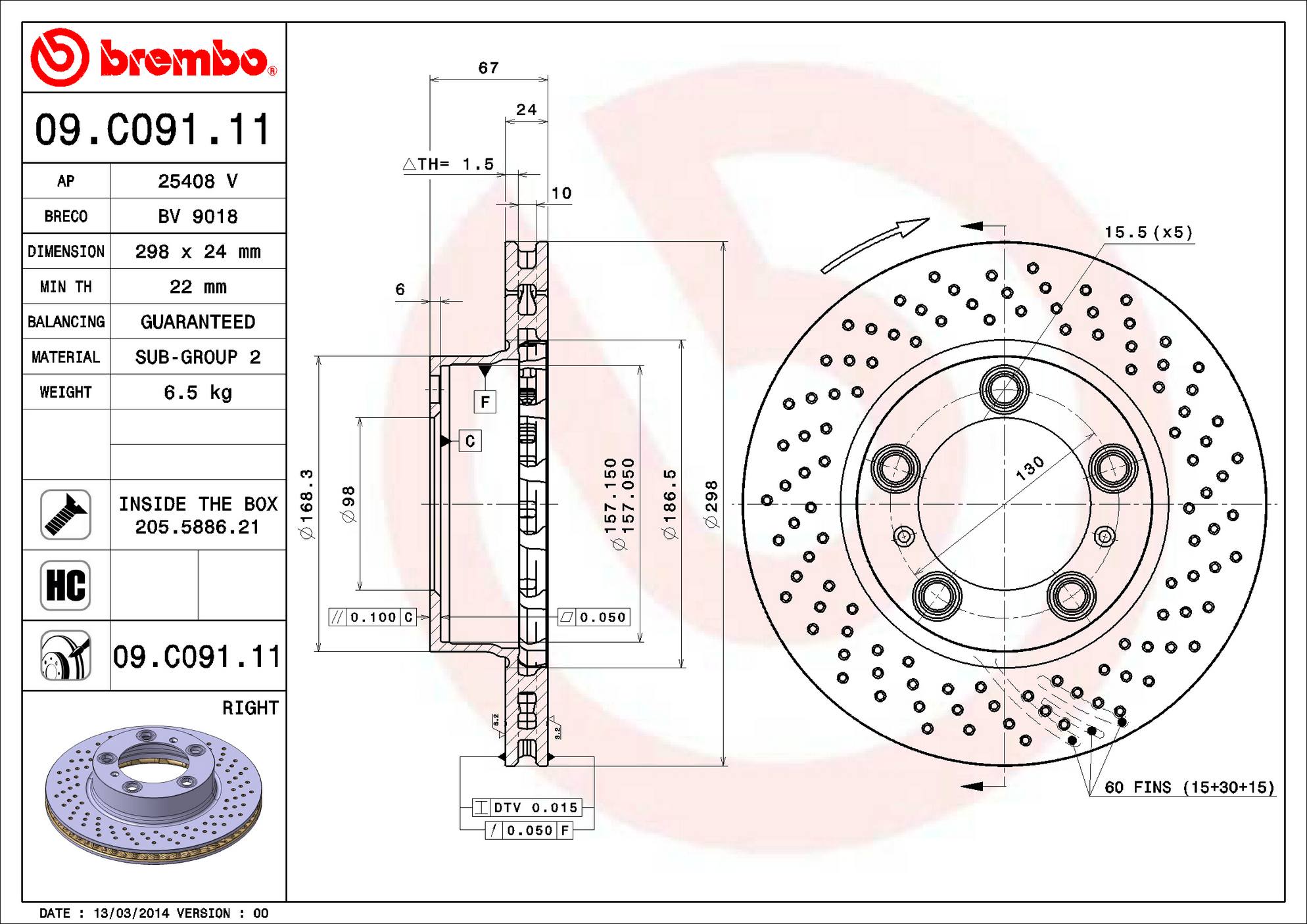 Porsche Disc Brake Rotor - Front Passenger Side (298mm) 98735140201 Brembo