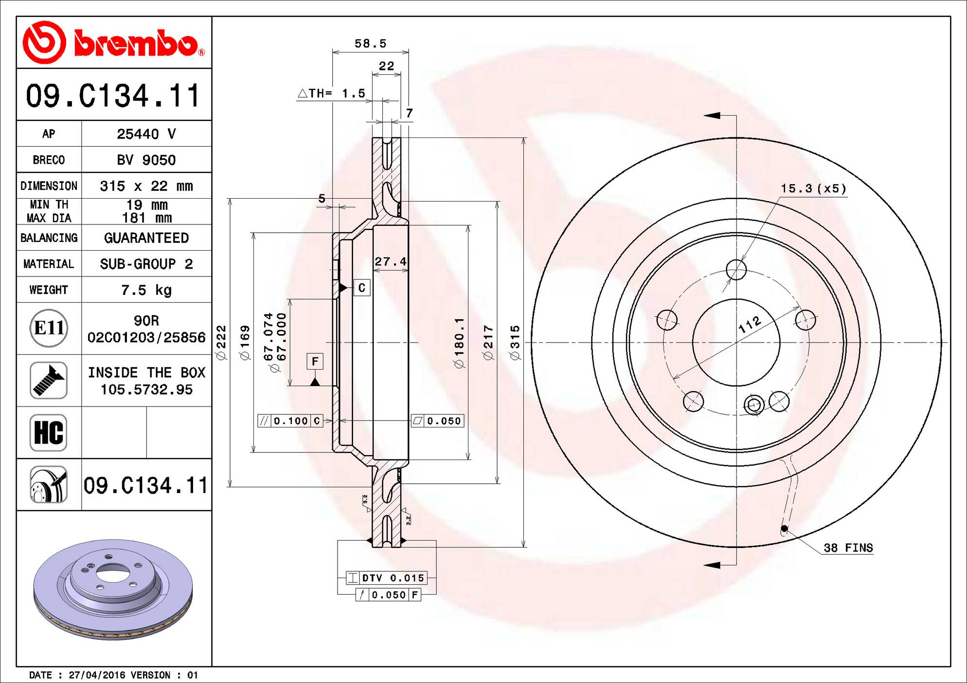 Mercedes Disc Brake Rotor - Rear (315mm) 2204230312 Brembo