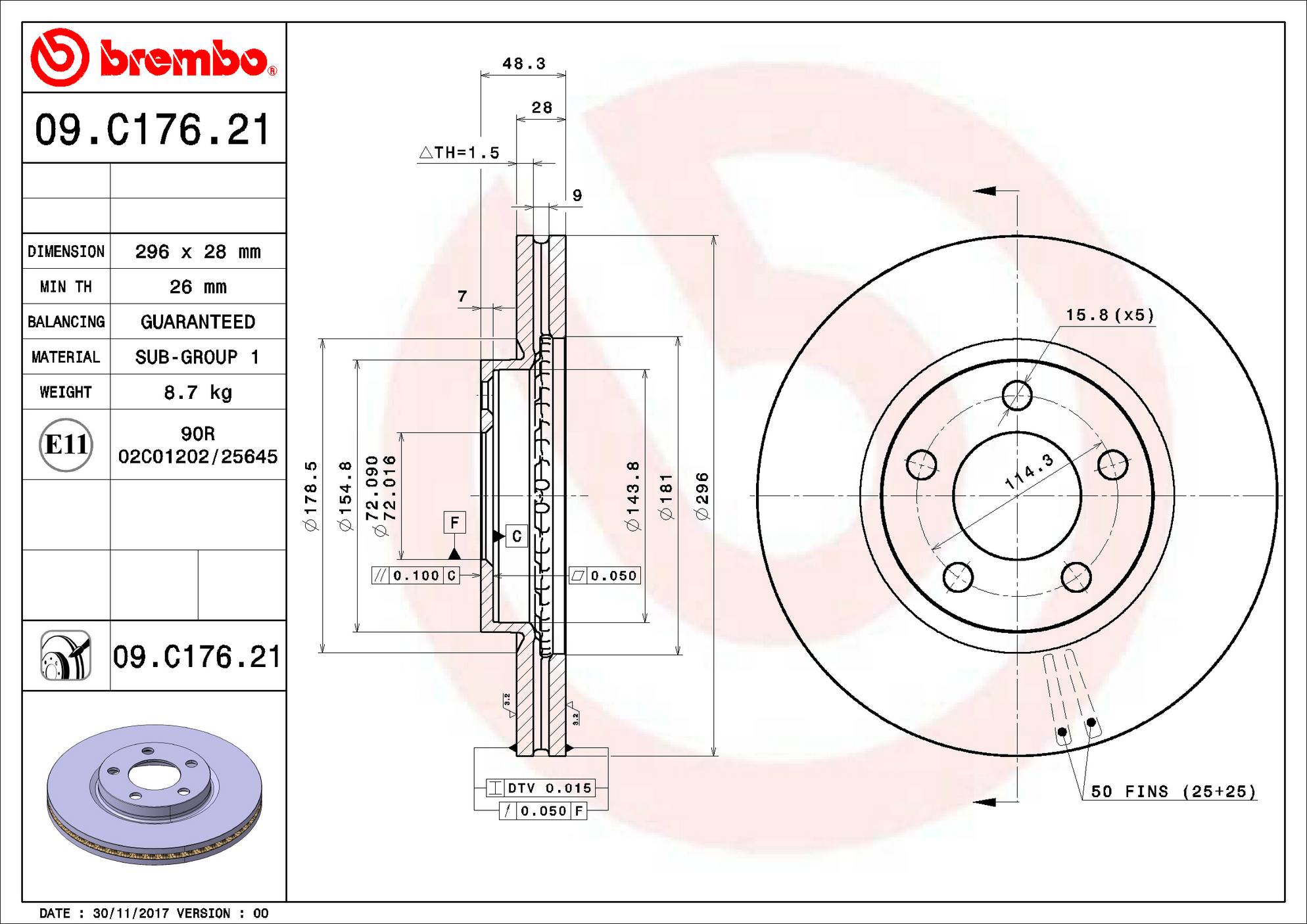 Ford Lincoln Disc Brake Rotor - Front (296mm) 7U2Z1V125DC Brembo