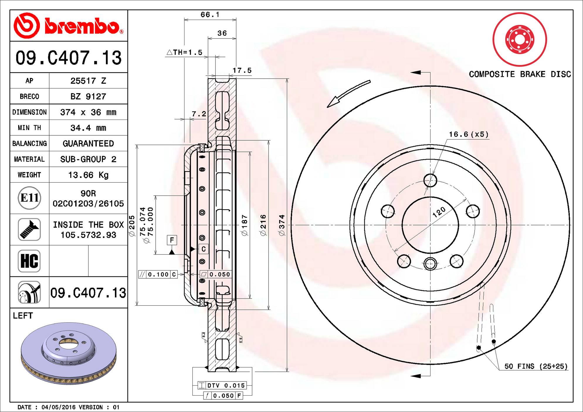 BMW Disc Brake Rotor - Front Driver Side (374mm) 34116785675 Brembo