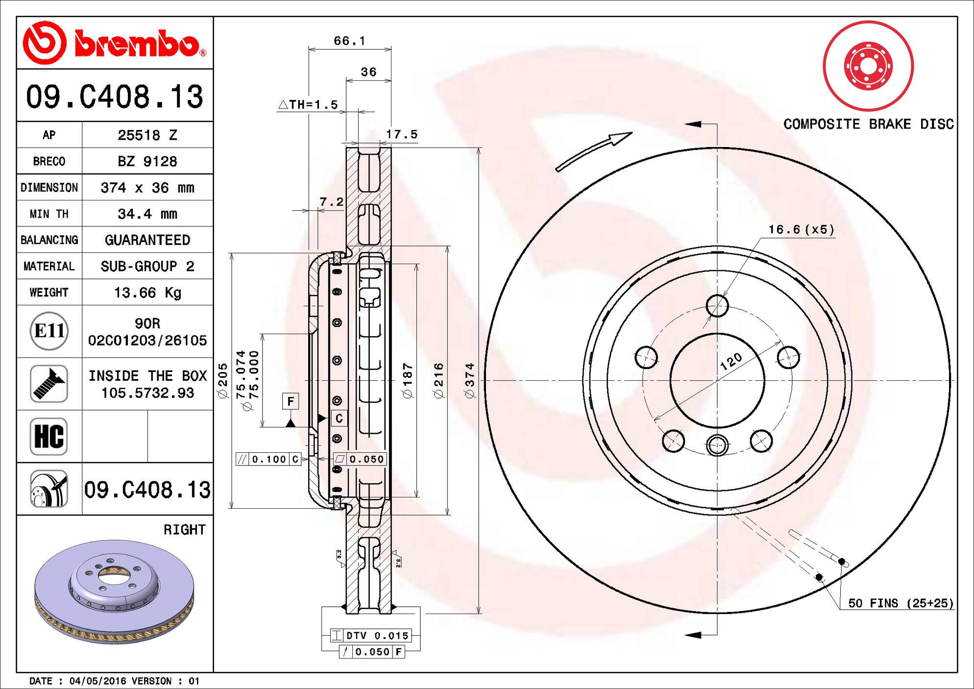 BMW Disc Brake Rotor - Front Passenger Side (374mm) 34116785676 Brembo