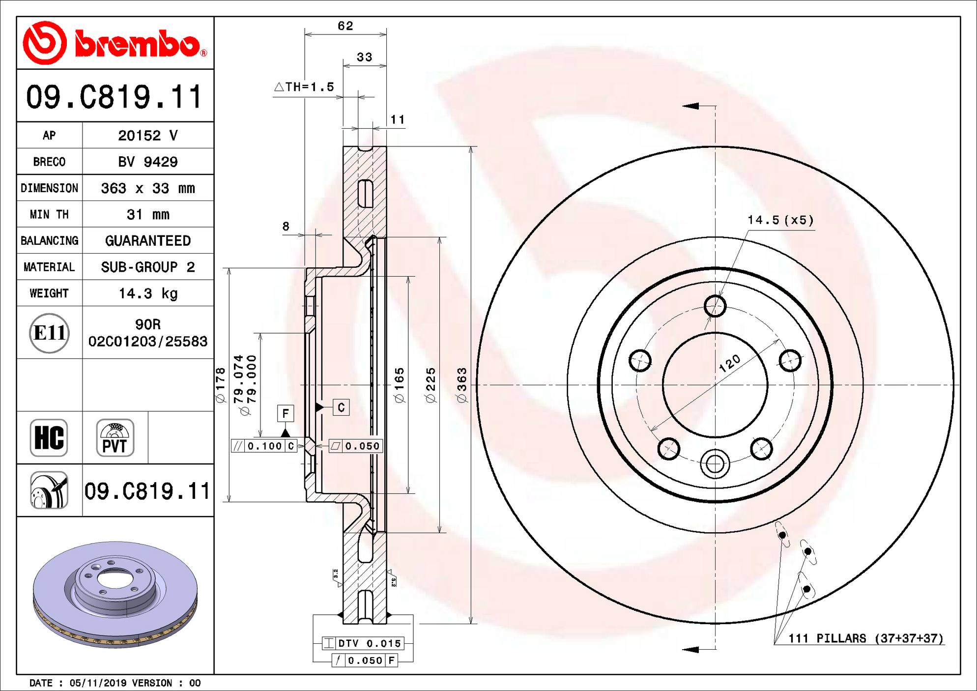 Land Rover Disc Brake Rotor - Front (363mm) LR098967 Brembo