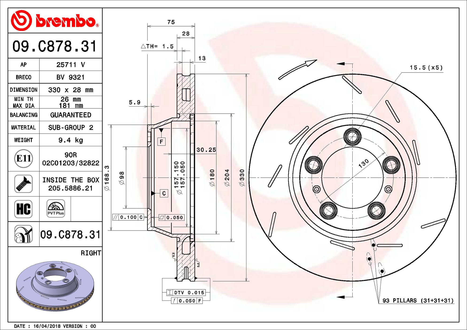 Porsche Disc Brake Rotor - Rear Passenger Side (330mm) 298615602A Brembo