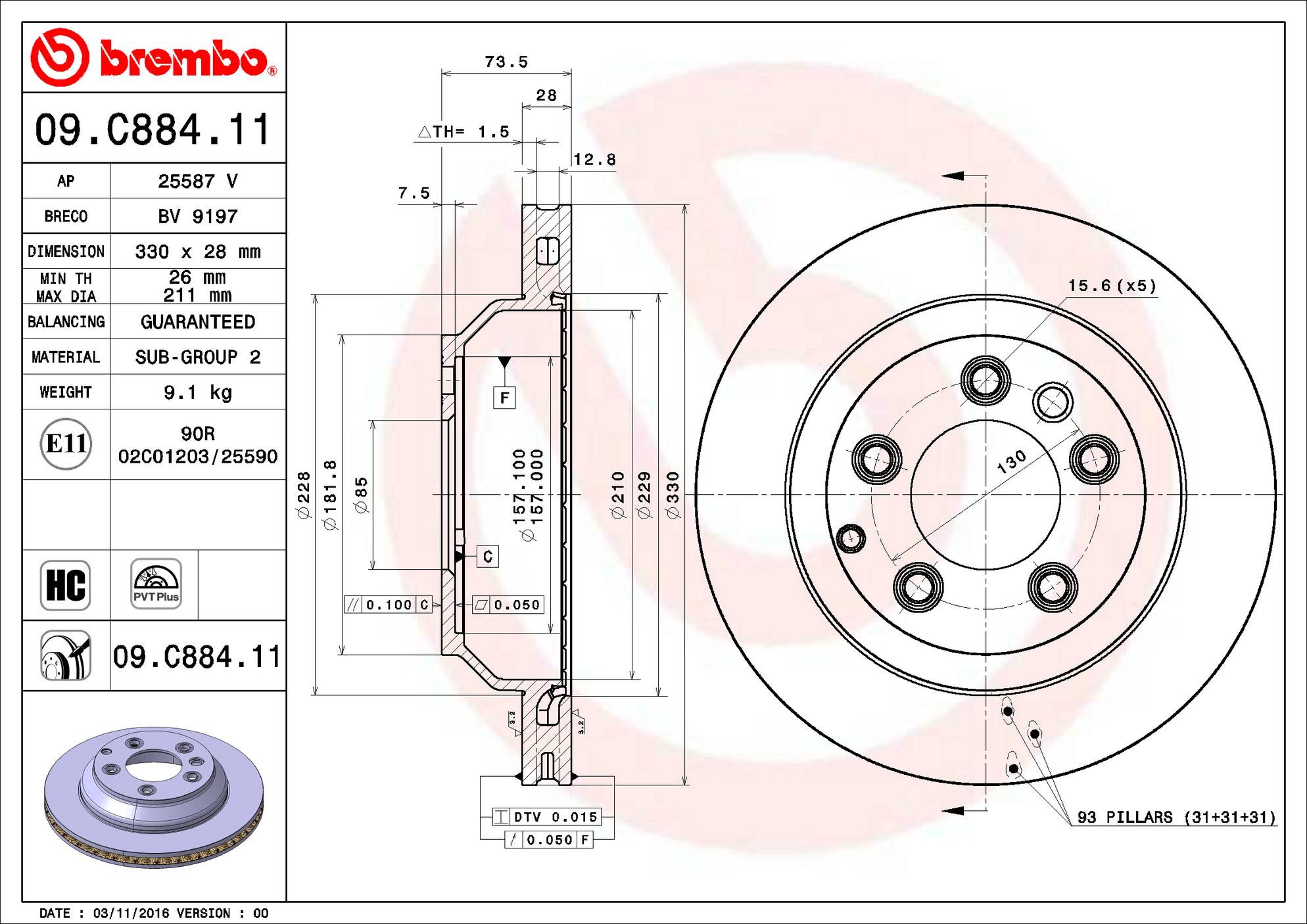 Porsche Volkswagen Disc Brake Pad and Rotor Kit - Rear (330mm) (Ceramic) Brembo