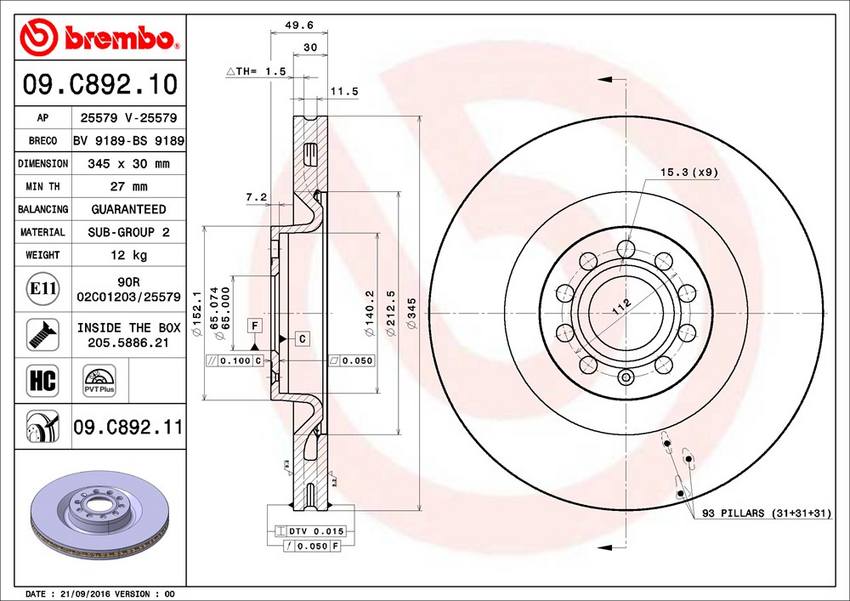 Volkswagen Disc Brake Rotor - Front (345mm) 1K0615301M Brembo