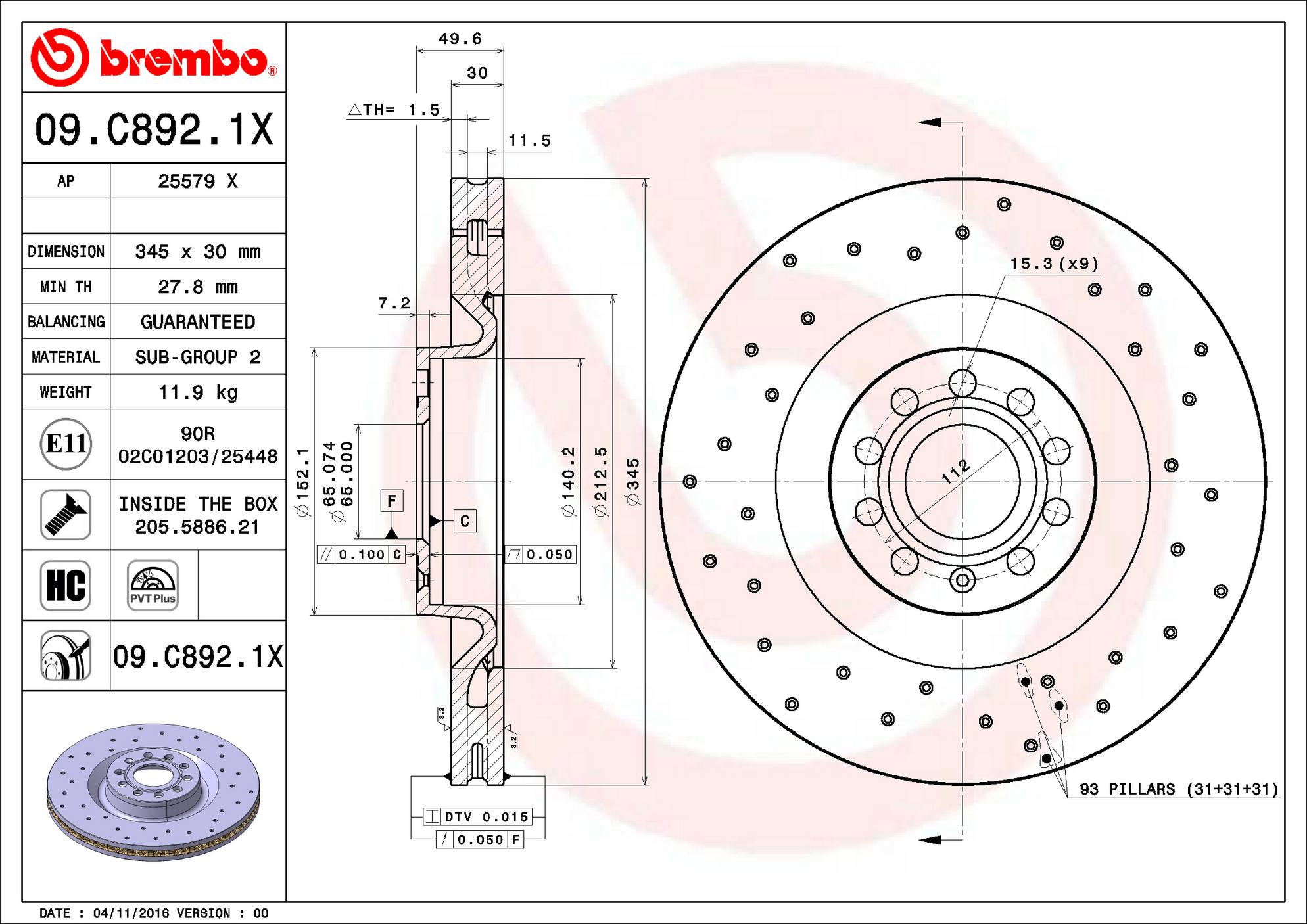 Volkswagen Disc Brake Pad and Rotor Kit - Front (345mm) (Ceramic) (Xtra) Brembo