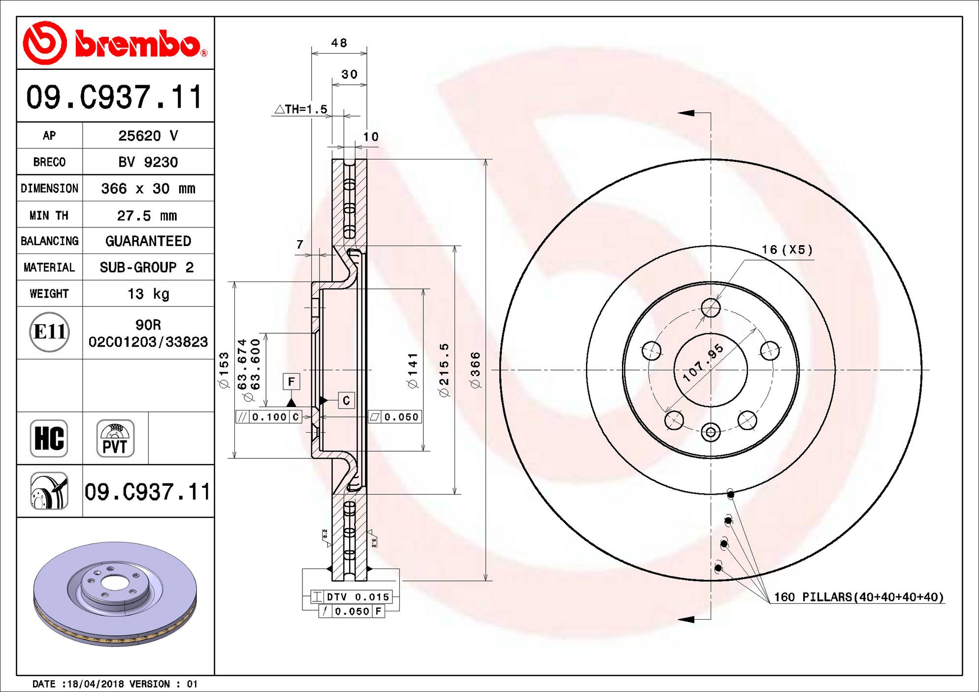 Volvo Disc Brake Pad and Rotor Kit - Front (366mm) (Ceramic) Brembo