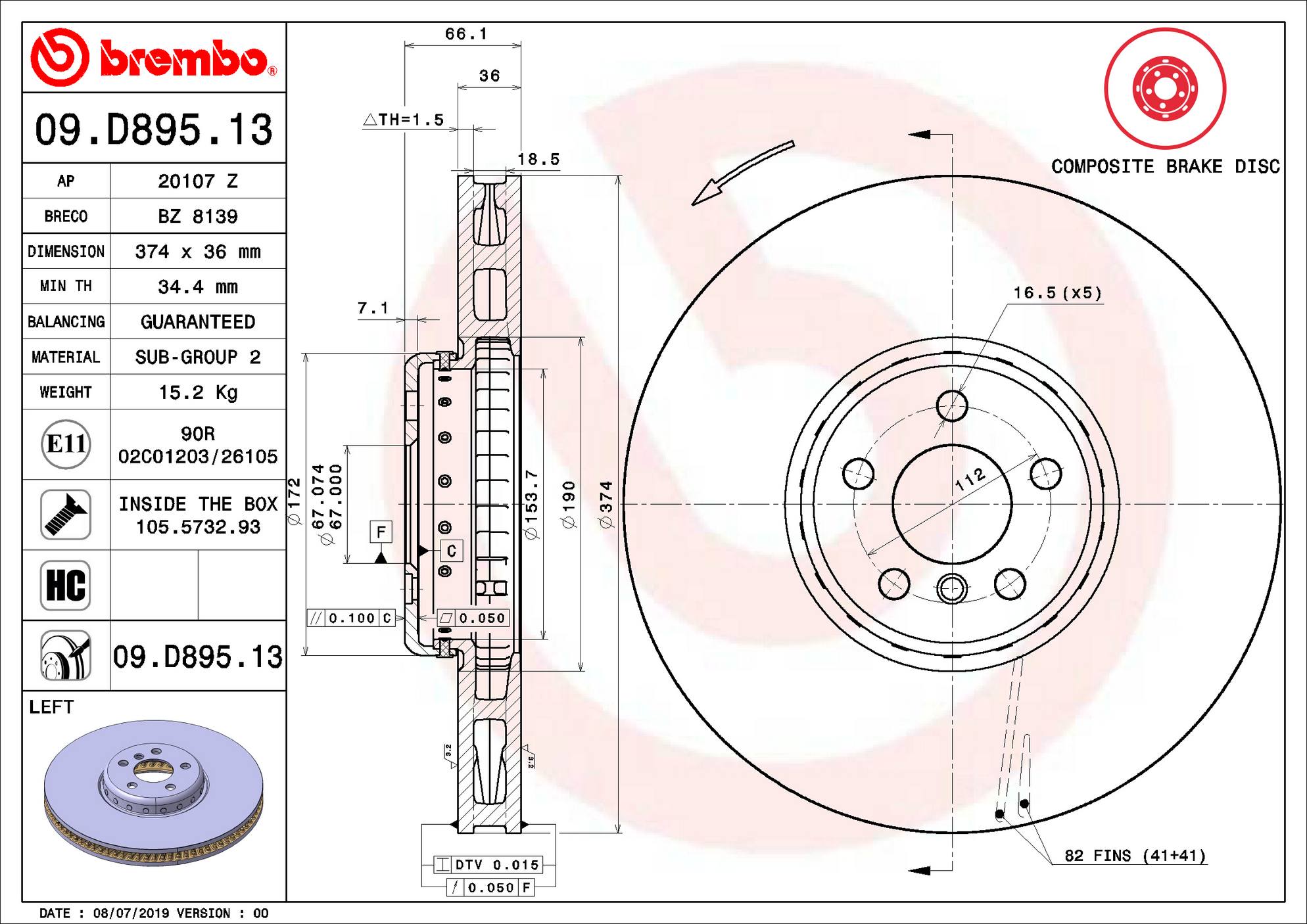 BMW Disc Brake Rotor - Front Driver Side (374mm) 34116875283 Brembo