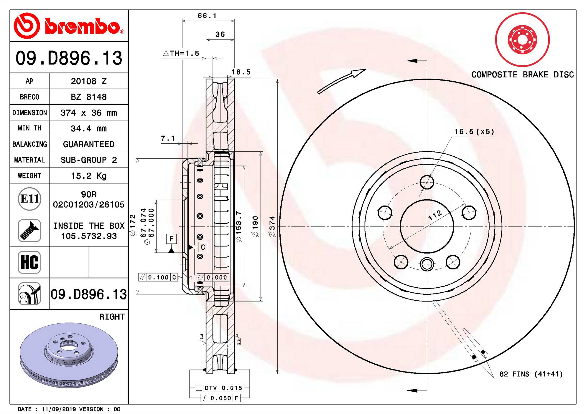 BMW Disc Brake Rotor - Front Passenger Side (374mm) 34106880078 Brembo