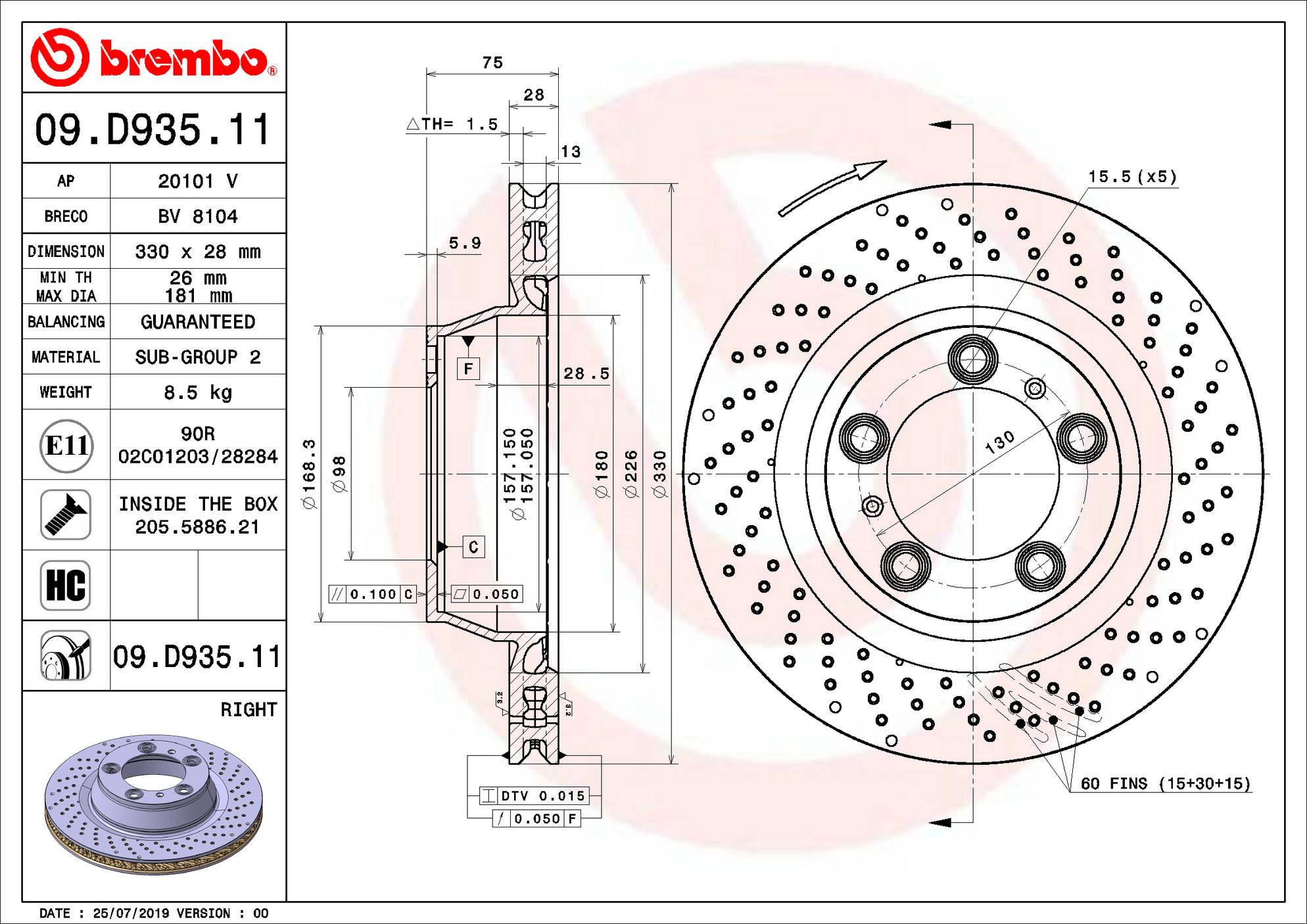 Porsche Disc Brake Rotor - Rear Passenger Side (330mm) 99135240200 Brembo