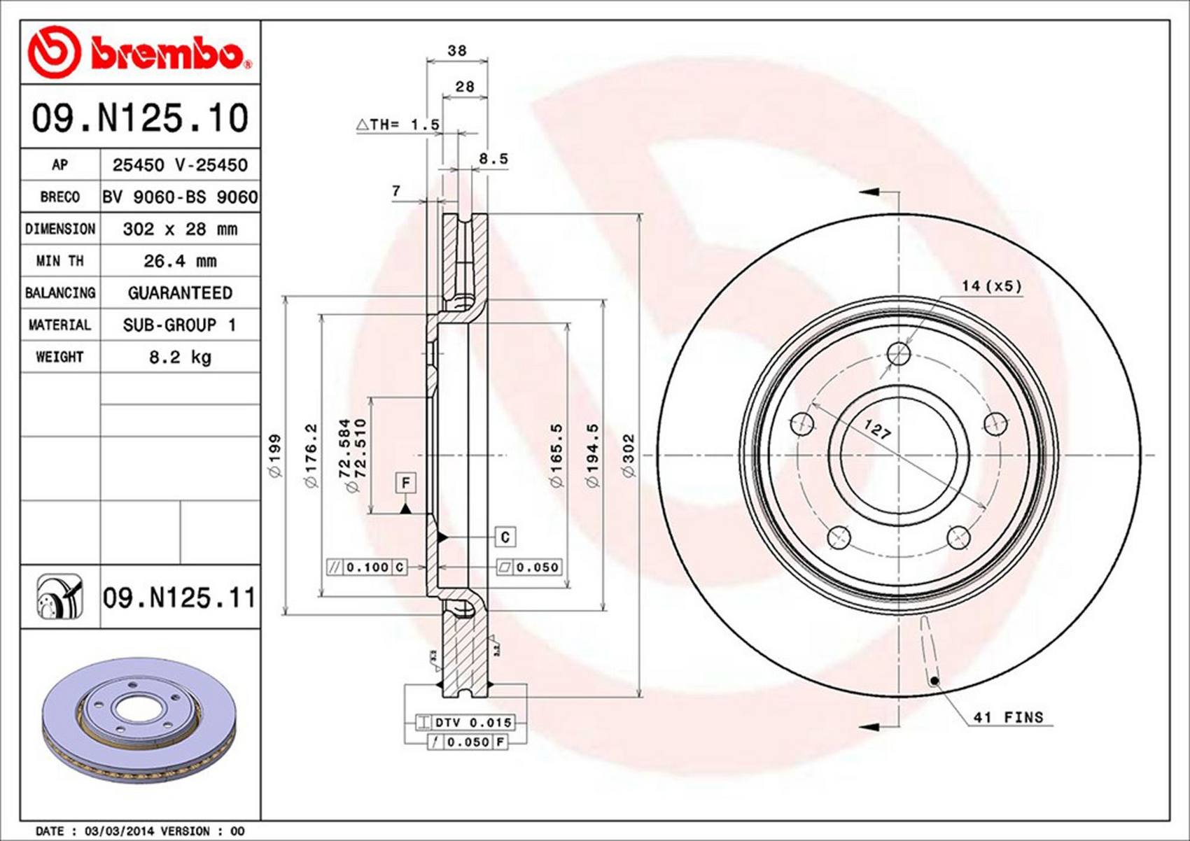 Chrysler Dodge Volkswagen Disc Brake Rotor - Front (302mm) 7B0615301C Brembo