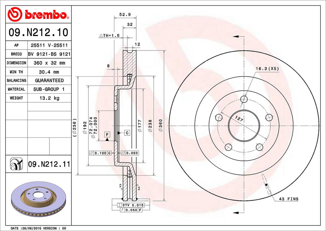 Jeep Disc Brake Rotor - Front (360mm) 5290733AB Brembo