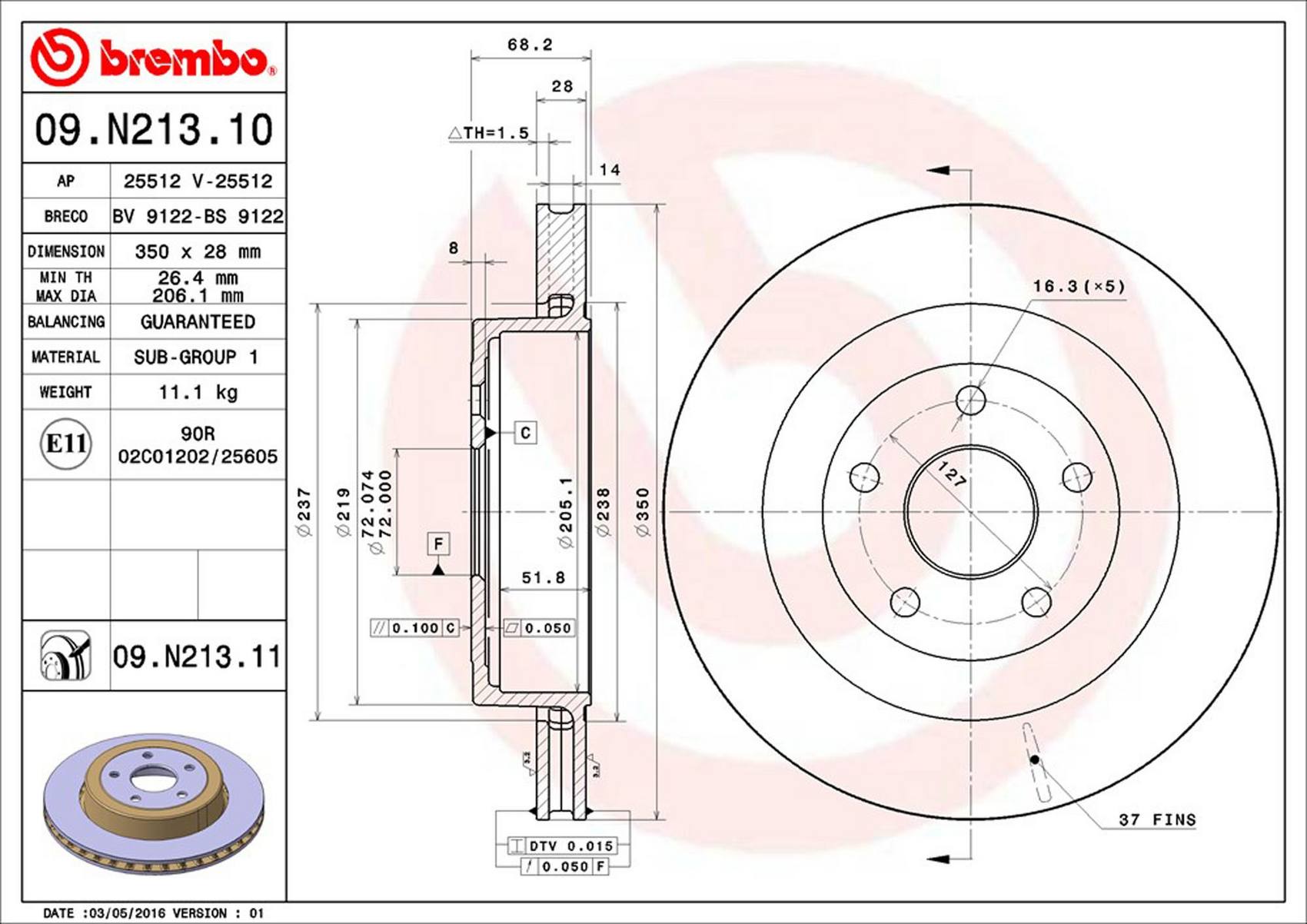 Jeep Disc Brake Rotor - Rear (350mm) 5290731AB Brembo